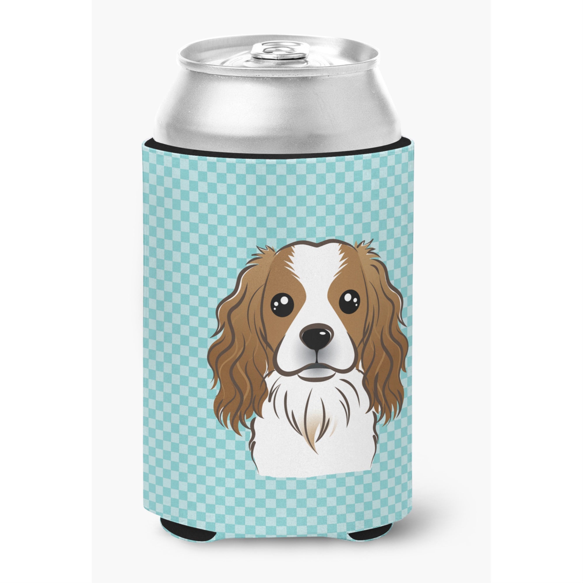 Checkerboard Blue Cavalier Spaniel Can Or Bottle Hugger