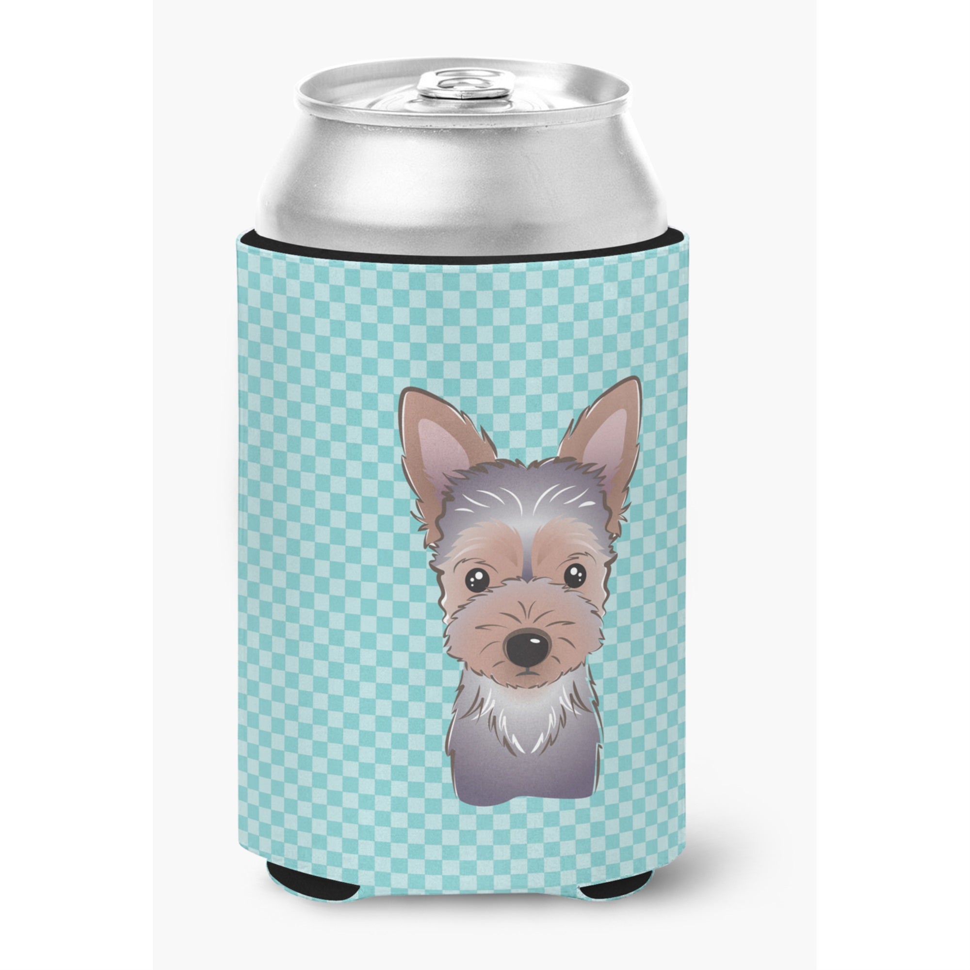 Checkerboard Blue Yorkie Puppy Can Or Bottle Hugger