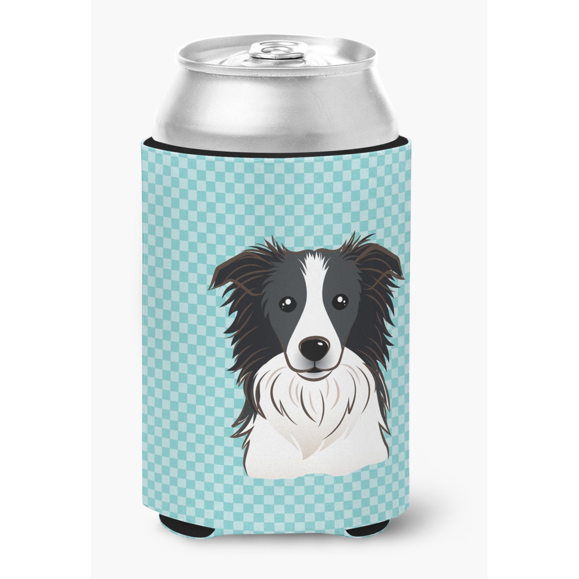 Checkerboard Blue Border Collie Can Or Bottle Hugger