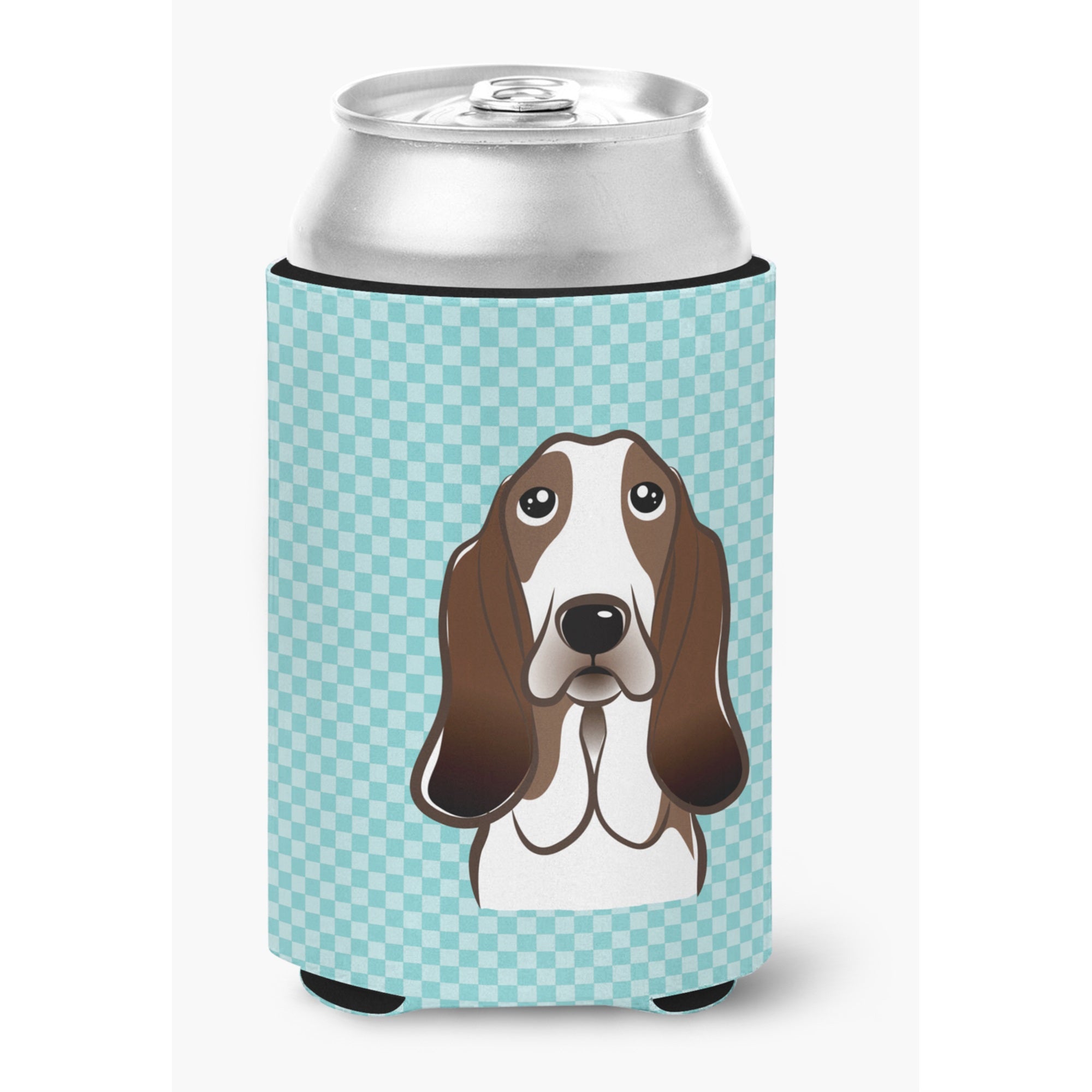 Checkerboard Blue Basset Hound Can Or Bottle Hugger