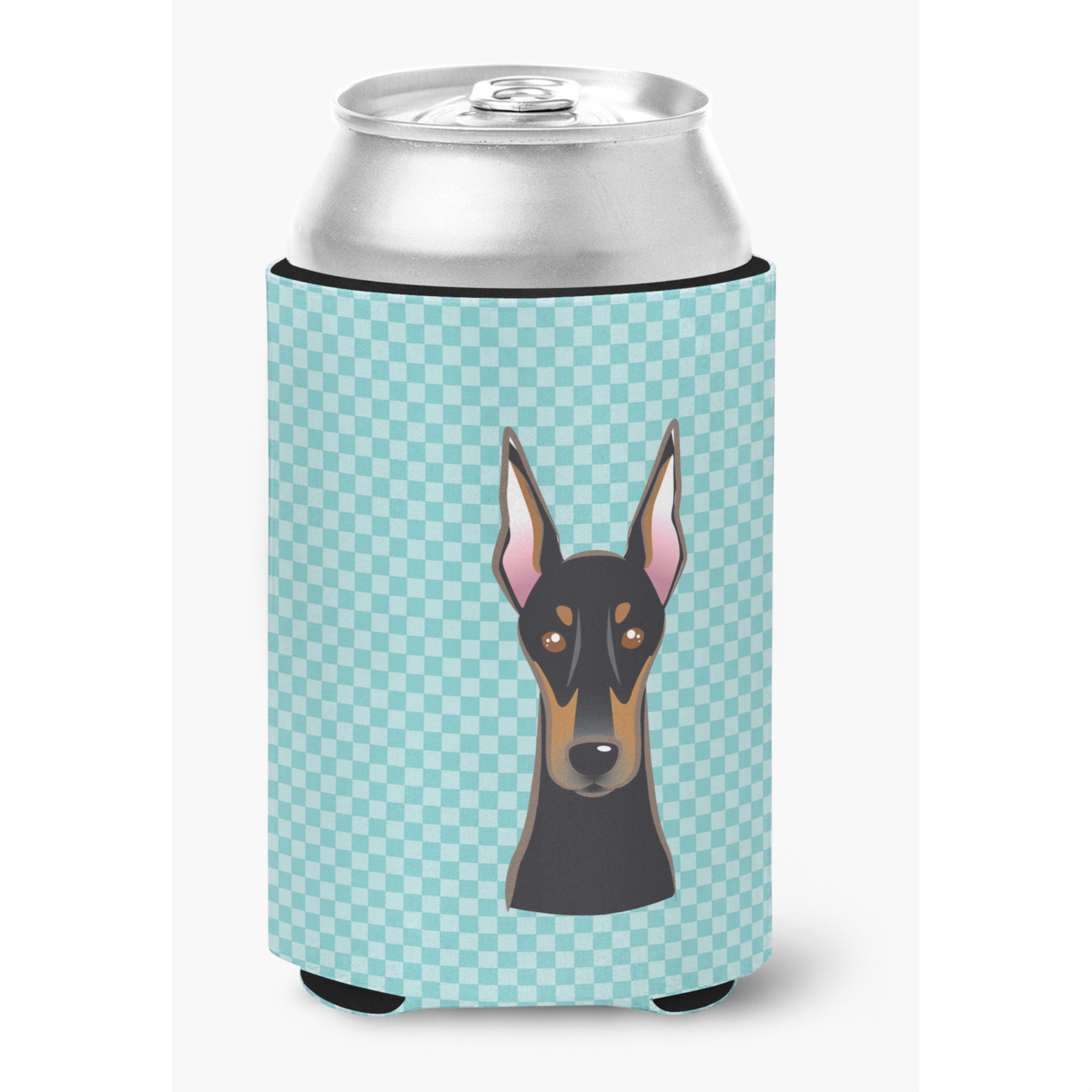 Checkerboard Blue Doberman Can Or Bottle Hugger