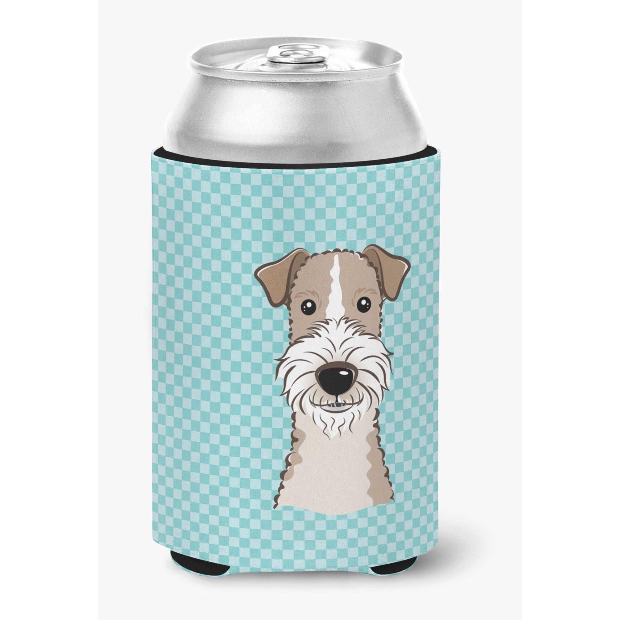 Checkerboard Blue Wire Haired Fox Terrier Can Or Bottle Hugger