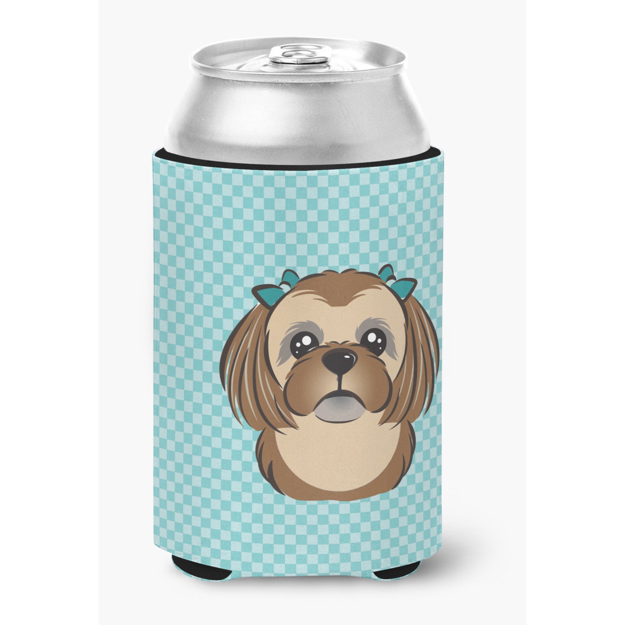 Checkerboard Blue Chocolate Brown Shih Tzu Can Or Bottle Hugger