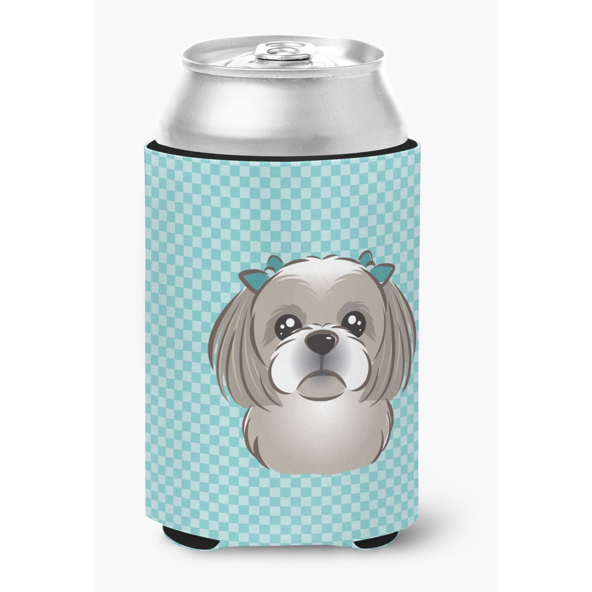 Checkerboard Blue Gray Silver Shih Tzu Can Or Bottle Hugger