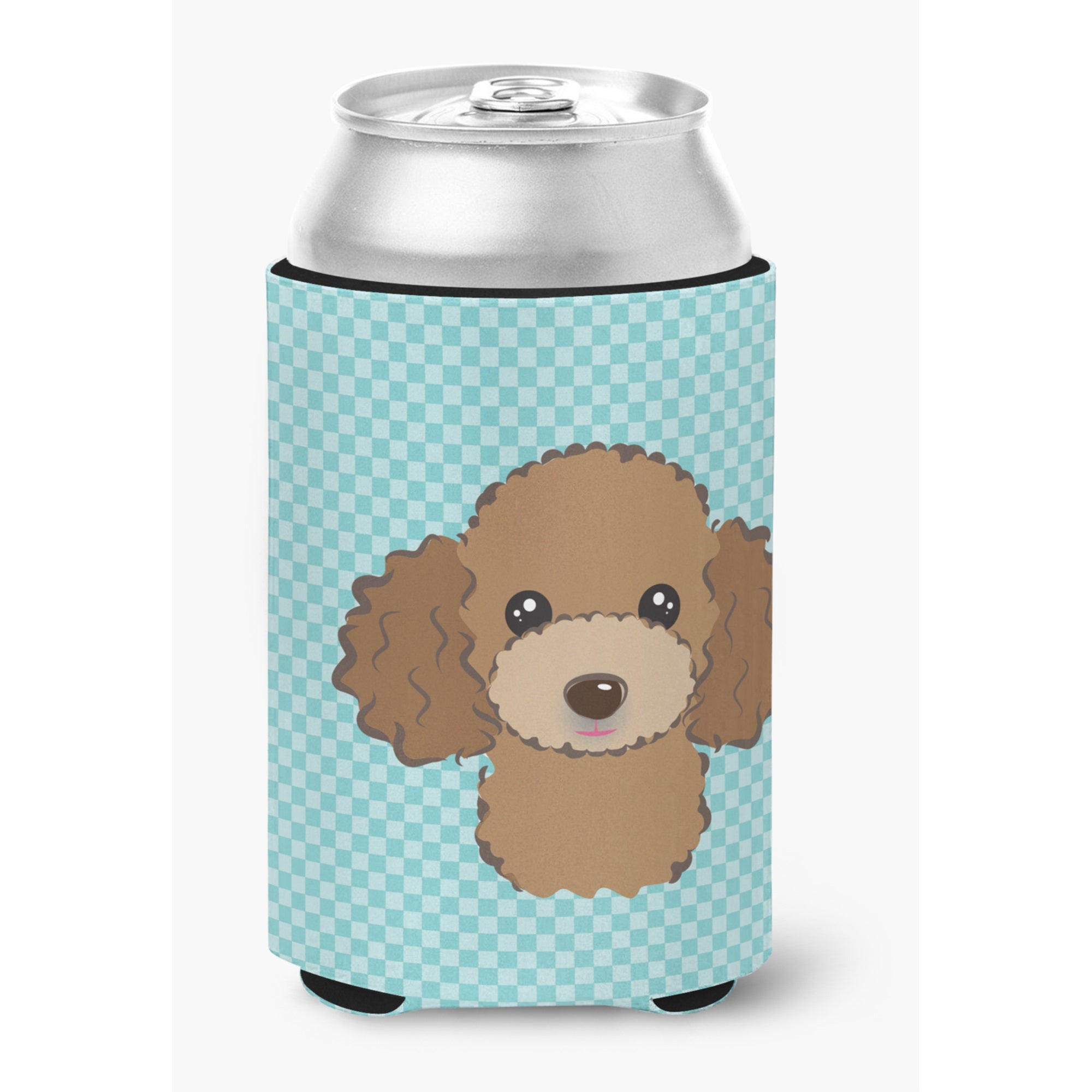Checkerboard Blue Chocolate Brown Poodle Can Or Bottle Hugger