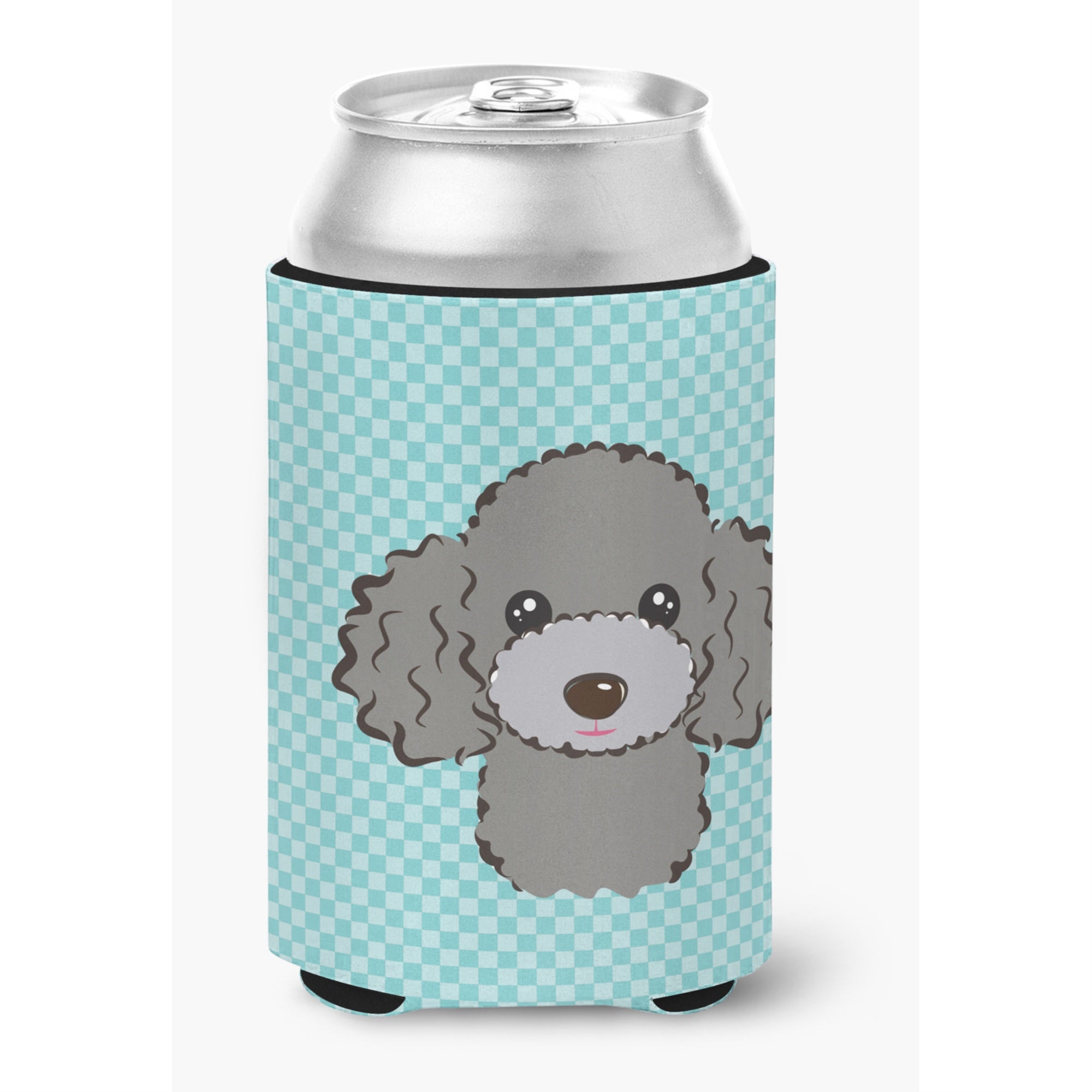 Checkerboard Blue Silver Gray Poodle Can Or Bottle Hugger