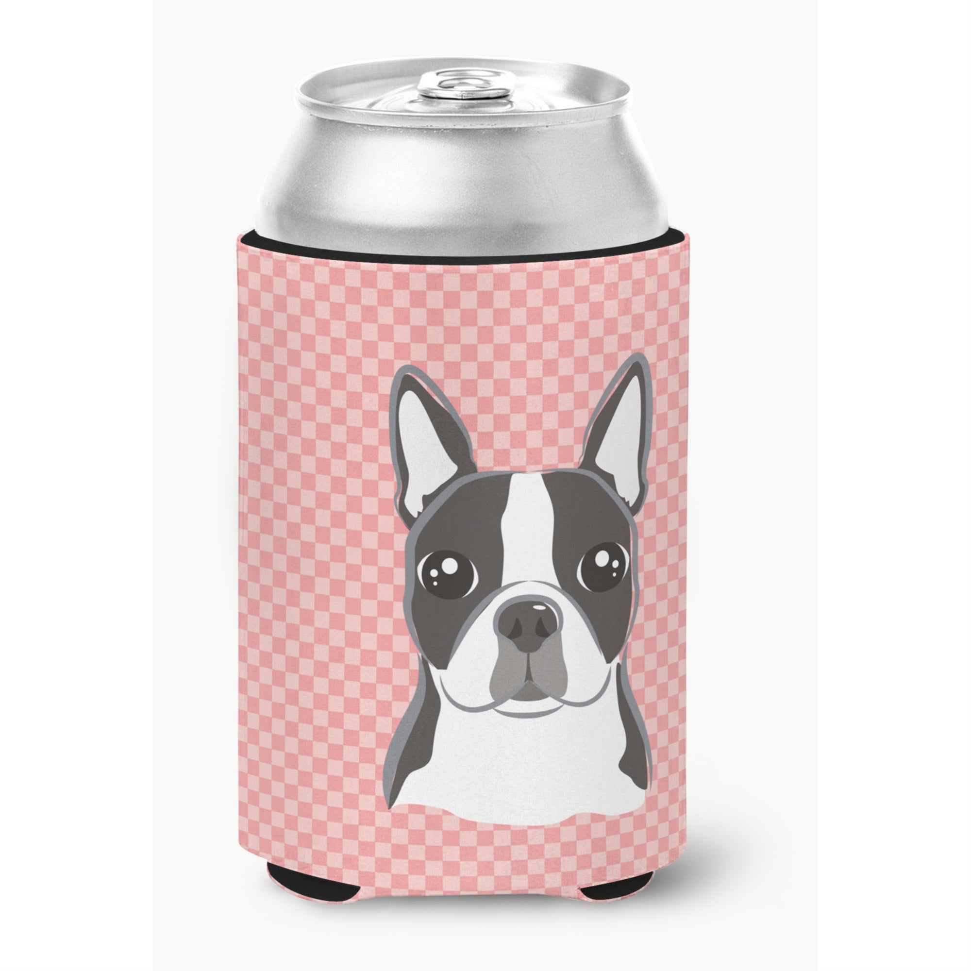 Checkerboard Pink Boston Terrier Can Or Bottle Hugger
