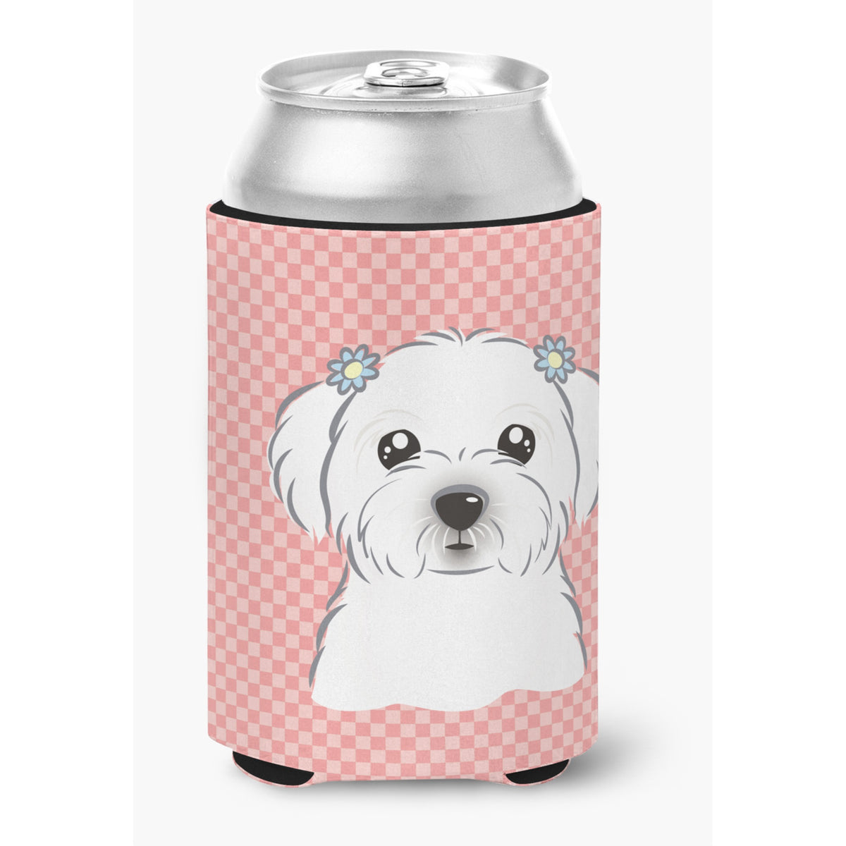 Checkerboard Pink Maltese Can Or Bottle Hugger