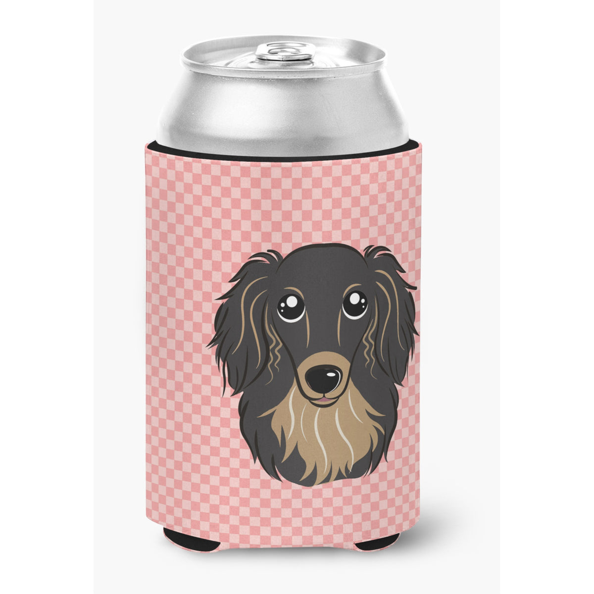 Checkerboard Pink Longhair Black And Tan Dachshund Can Or Bottle Hugger