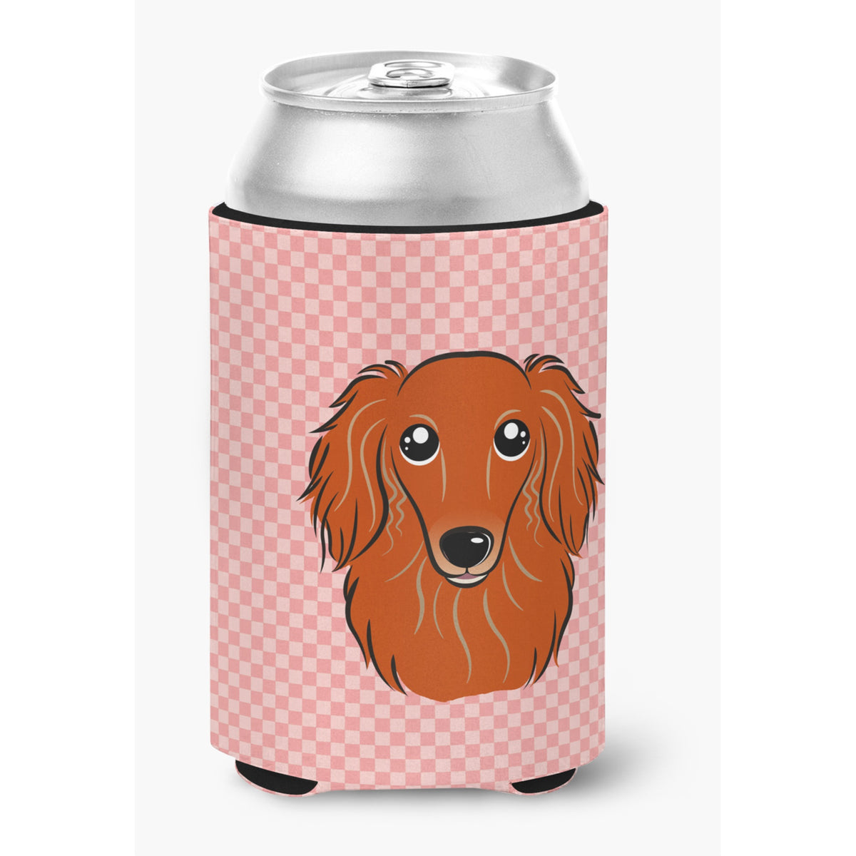 Checkerboard Pink Longhair Red Dachshund Can Or Bottle Hugger