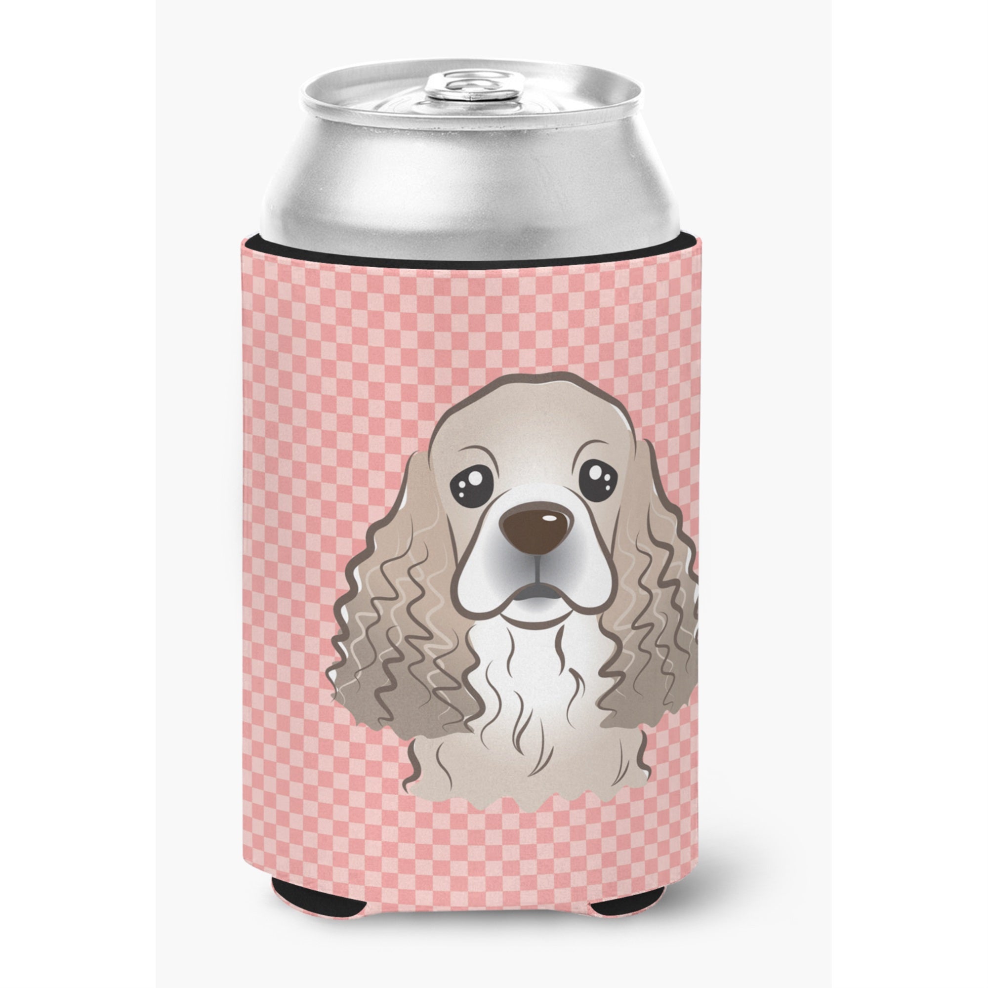 Checkerboard Pink Cocker Spaniel Can Or Bottle Hugger