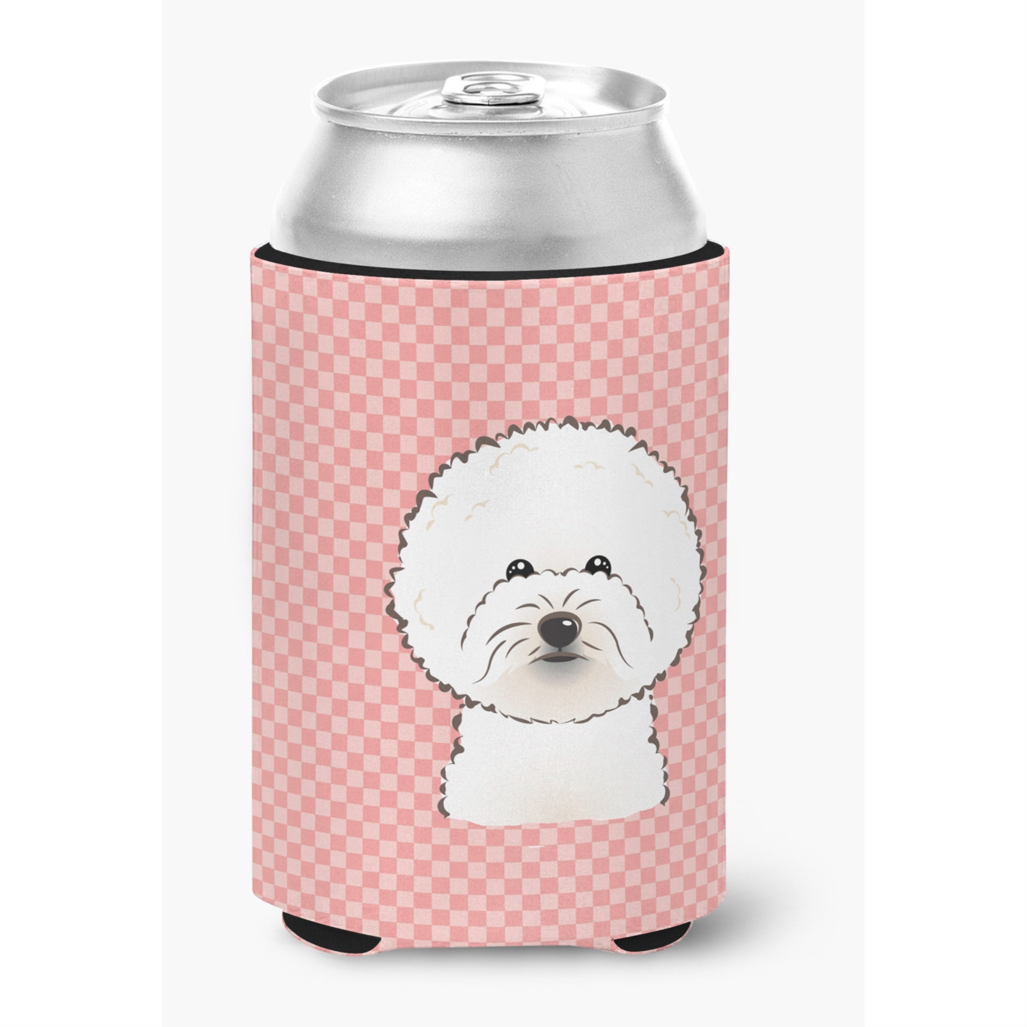 Checkerboard Pink Bichon Frise Can Or Bottle Hugger