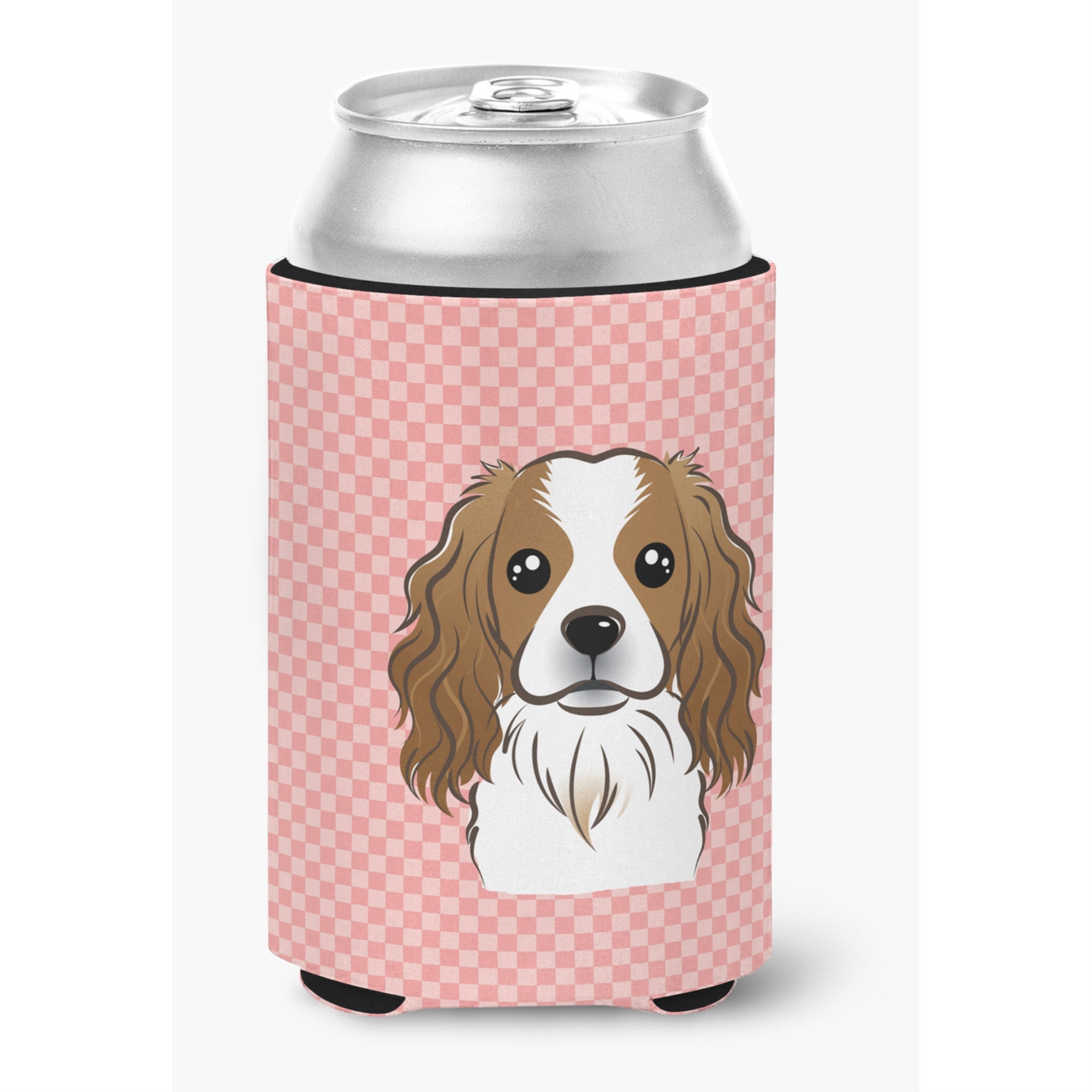 Checkerboard Pink Cavalier Spaniel Can Or Bottle Hugger