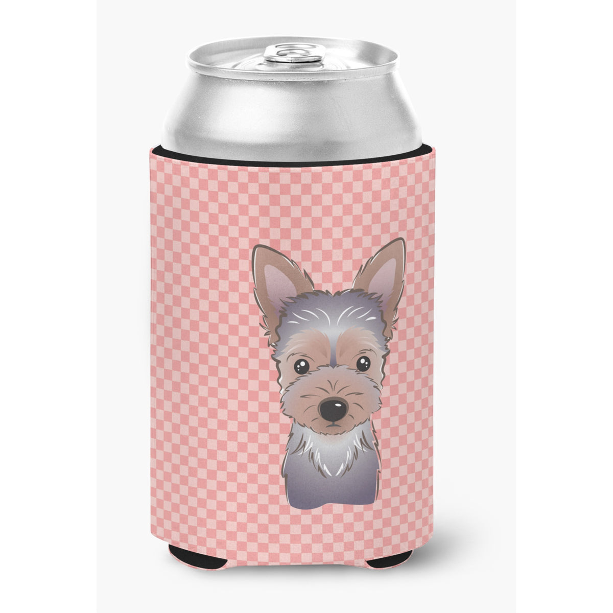 Checkerboard Pink Yorkie Puppy Can Or Bottle Hugger