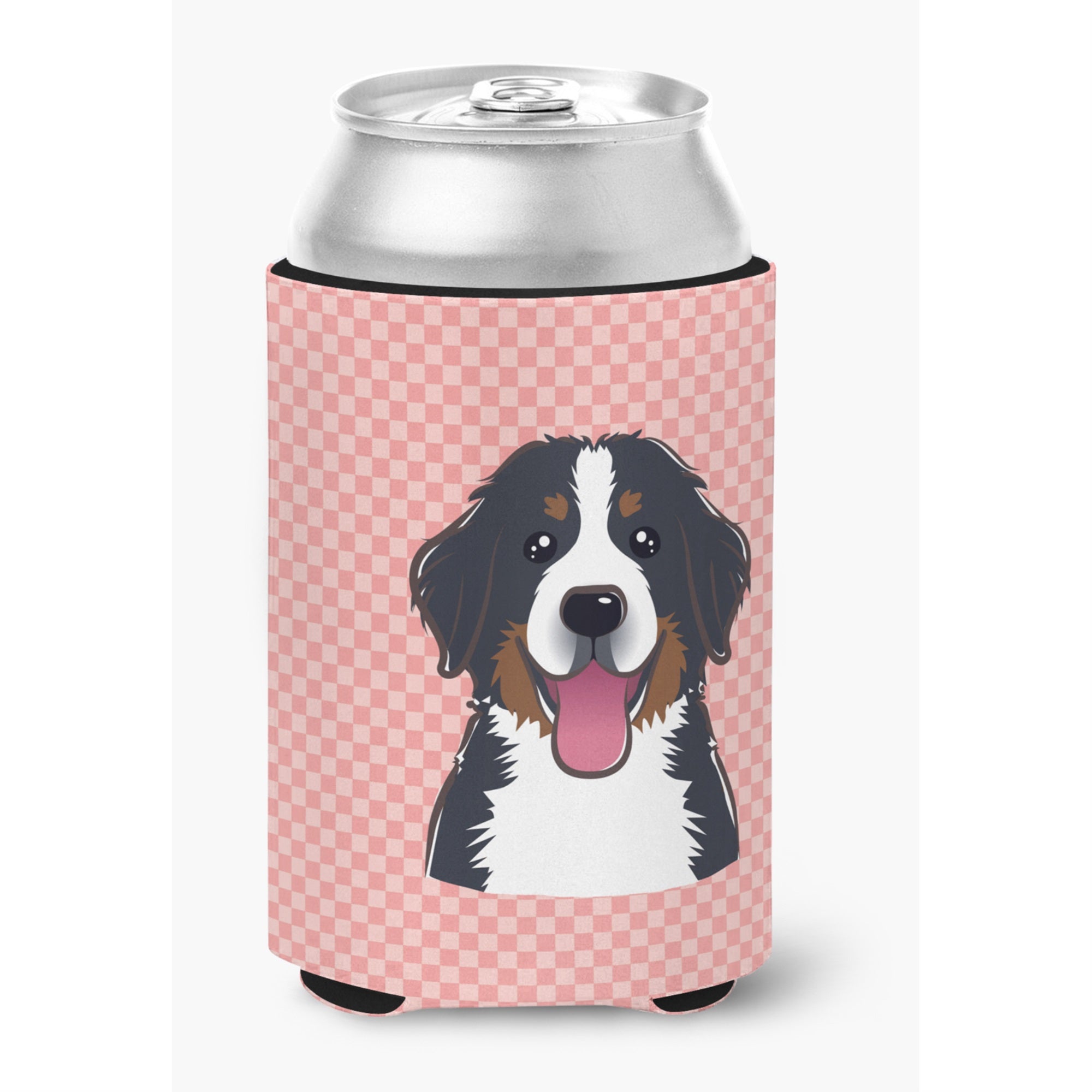 Checkerboard Pink Bernese Mountain Dog Can Or Bottle Hugger