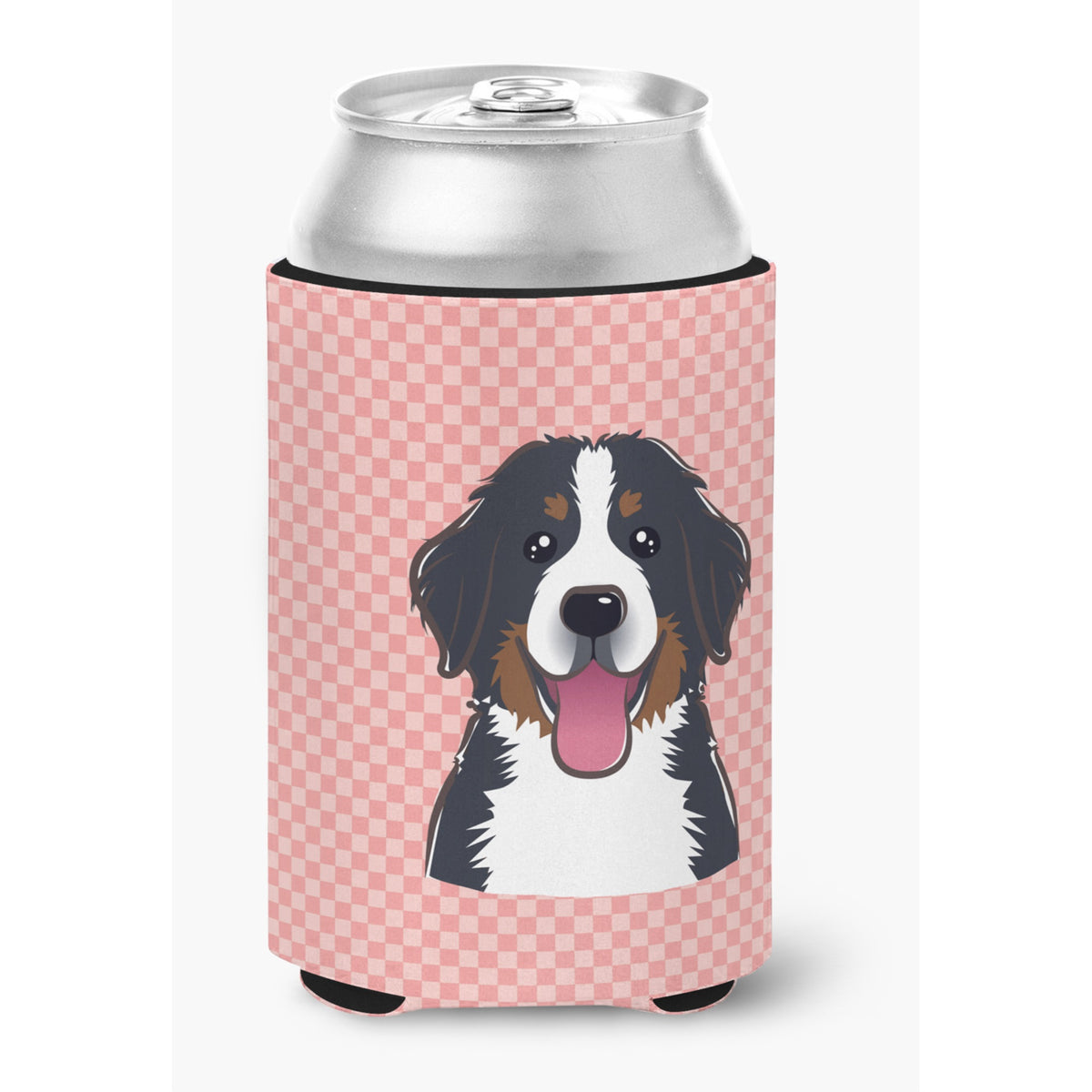 Checkerboard Pink Bernese Mountain Dog Can Or Bottle Hugger