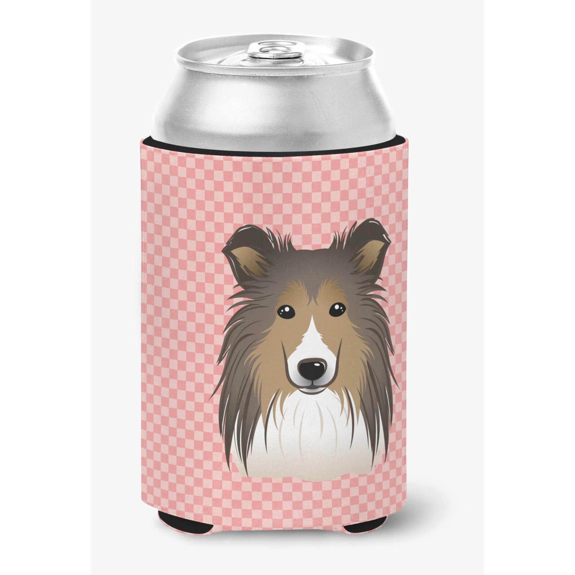 Checkerboard Pink Sheltie Can Or Bottle Hugger