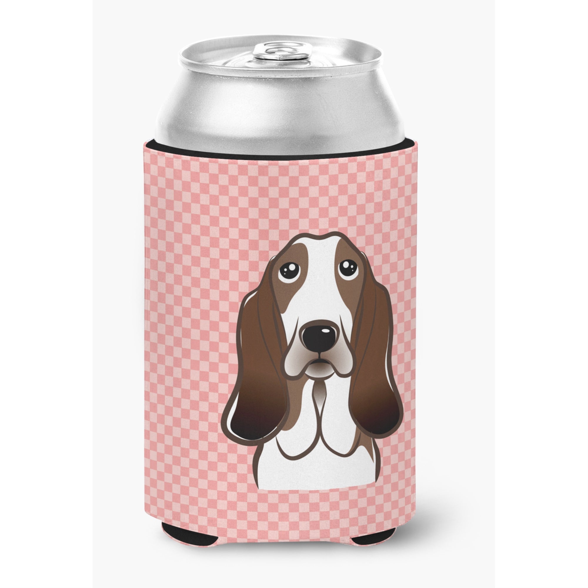 Checkerboard Pink Basset Hound Can Or Bottle Hugger