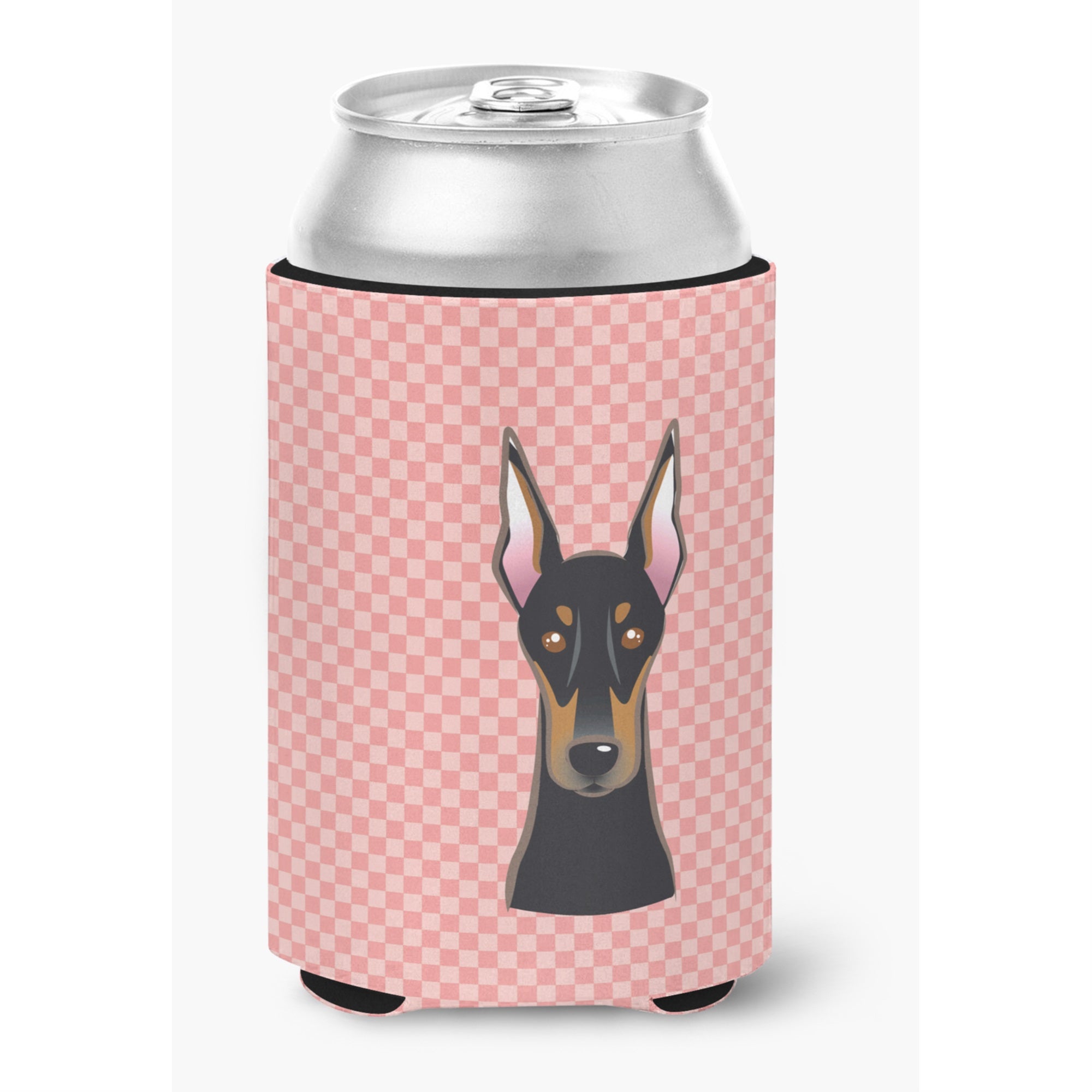 Checkerboard Pink Doberman Can Or Bottle Hugger