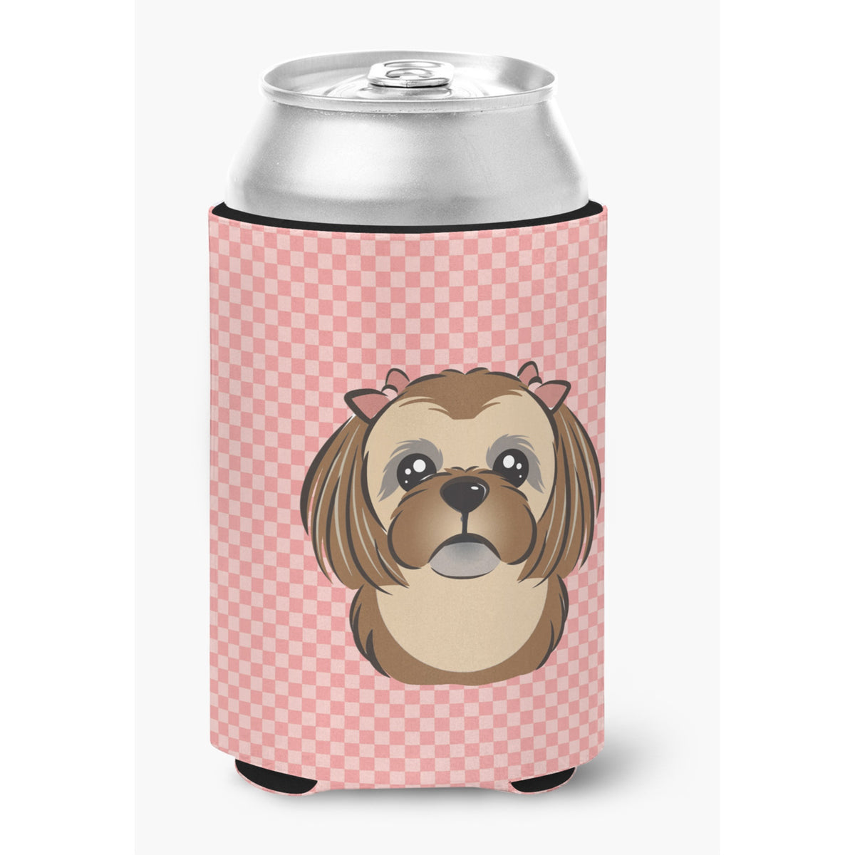 Checkerboard Pink Chocolate Brown Shih Tzu Can Or Bottle Hugger