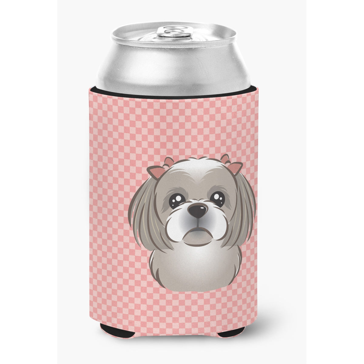 Checkerboard Pink Gray Silver Shih Tzu Can Or Bottle Hugger