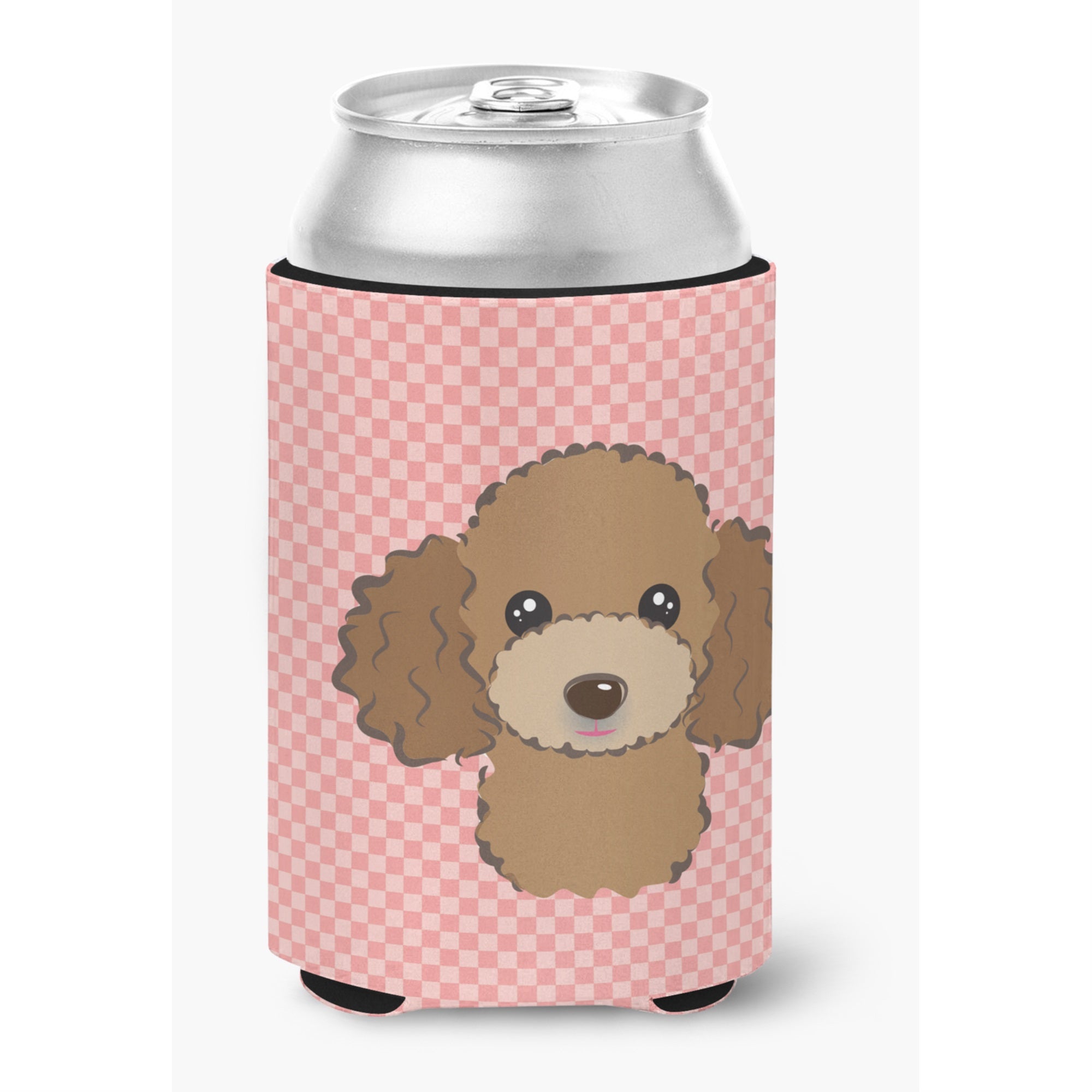 Checkerboard Pink Chocolate Brown Poodle Can Or Bottle Hugger