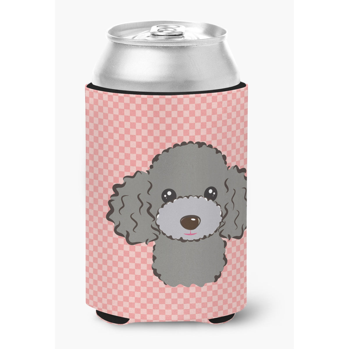 Checkerboard Pink Silver Gray Poodle Can Or Bottle Hugger