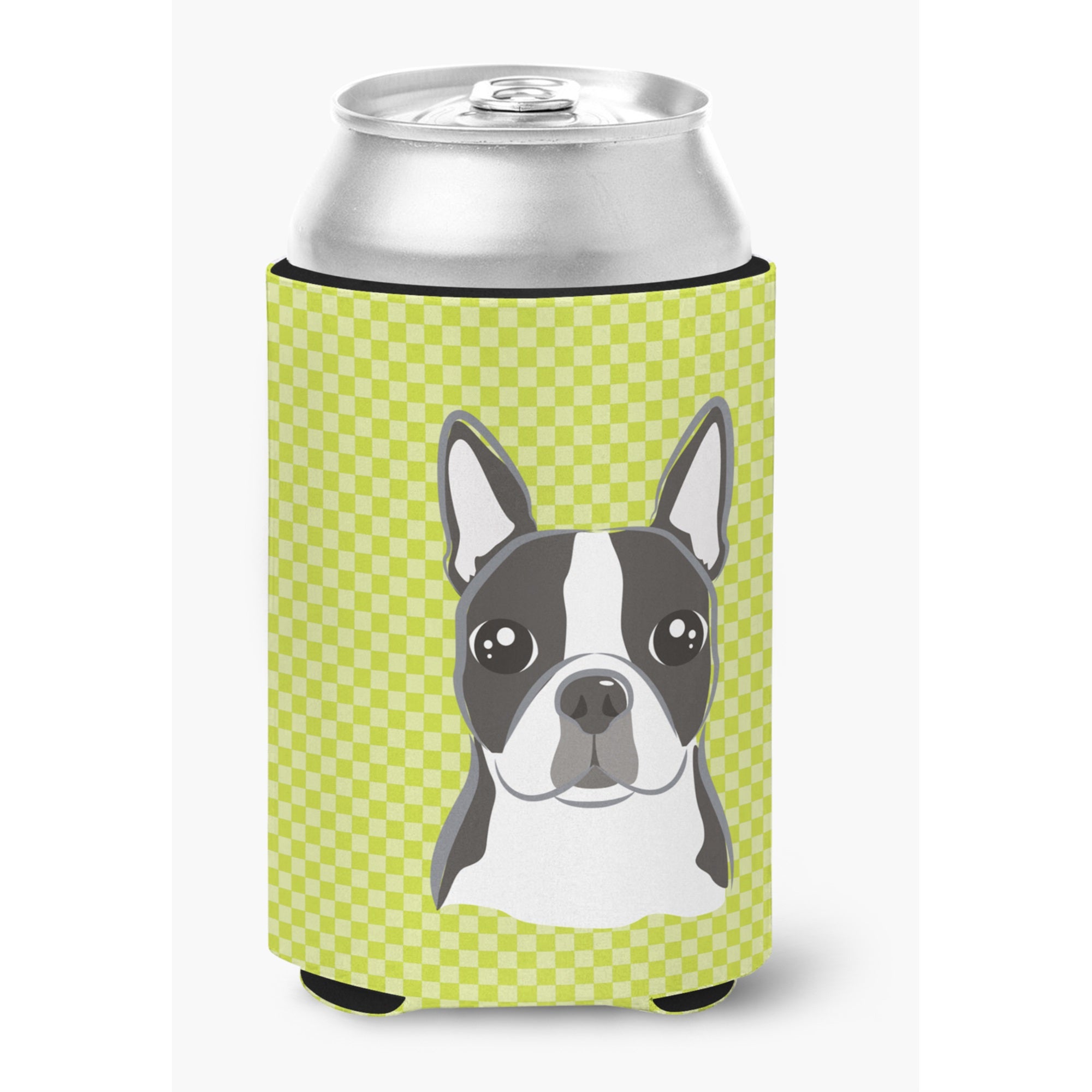 Checkerboard Lime Green Boston Terrier Can Or Bottle Hugger