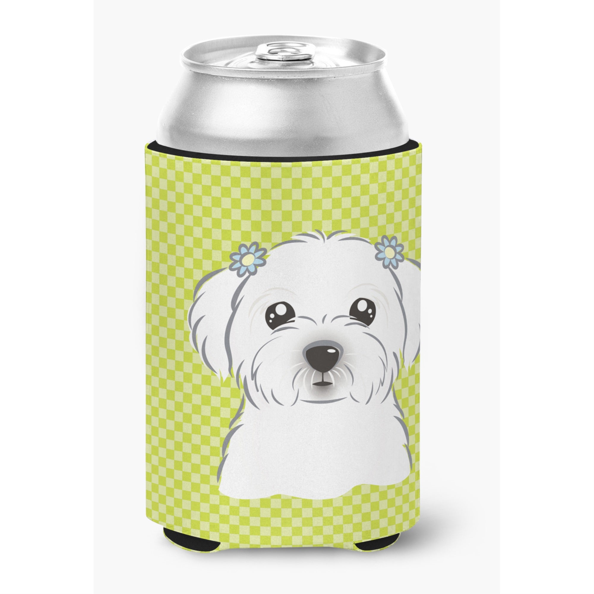 Checkerboard Lime Green Maltese Can Or Bottle Hugger