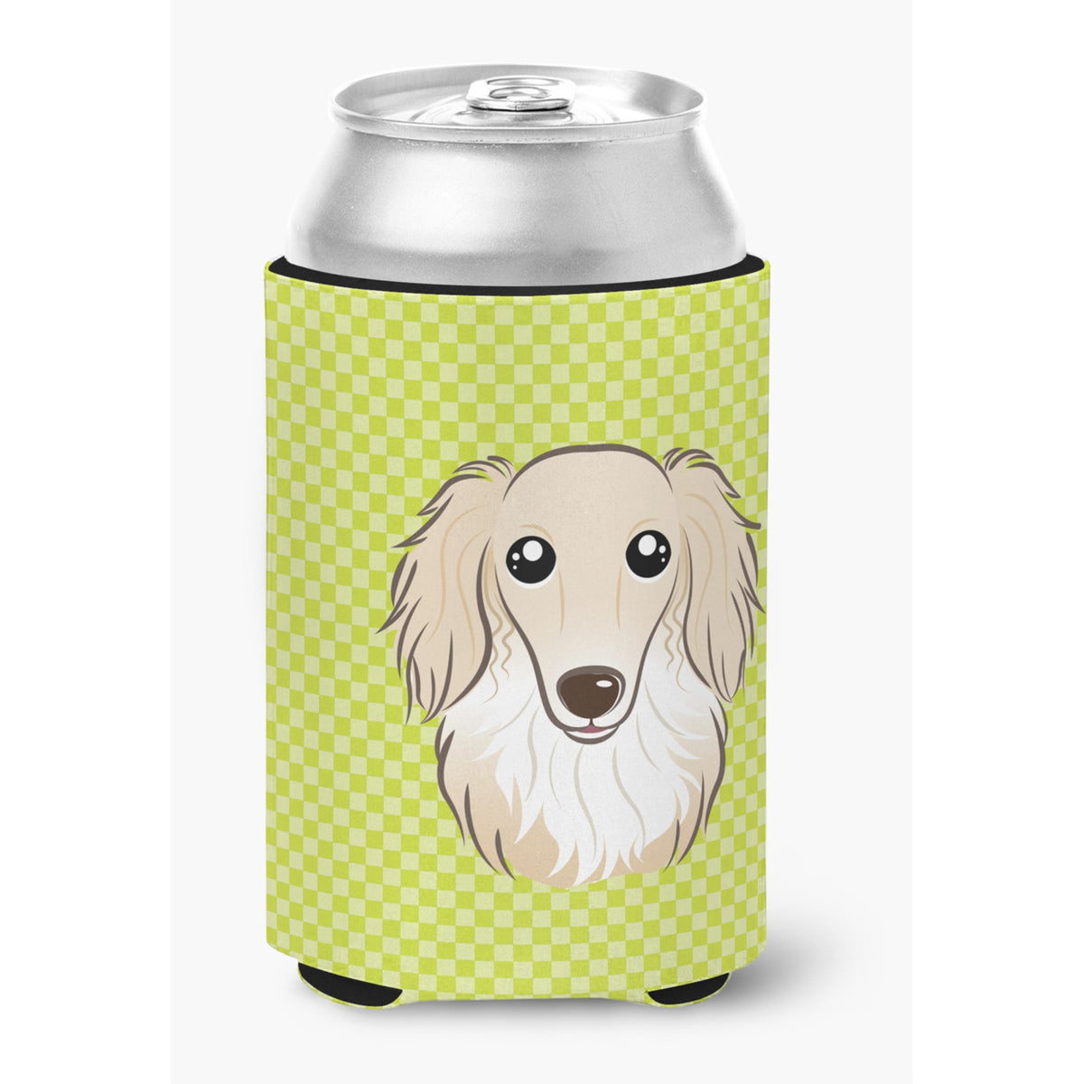 Checkerboard Lime Green Longhair Creme Dachshund Can Or Bottle Hugger