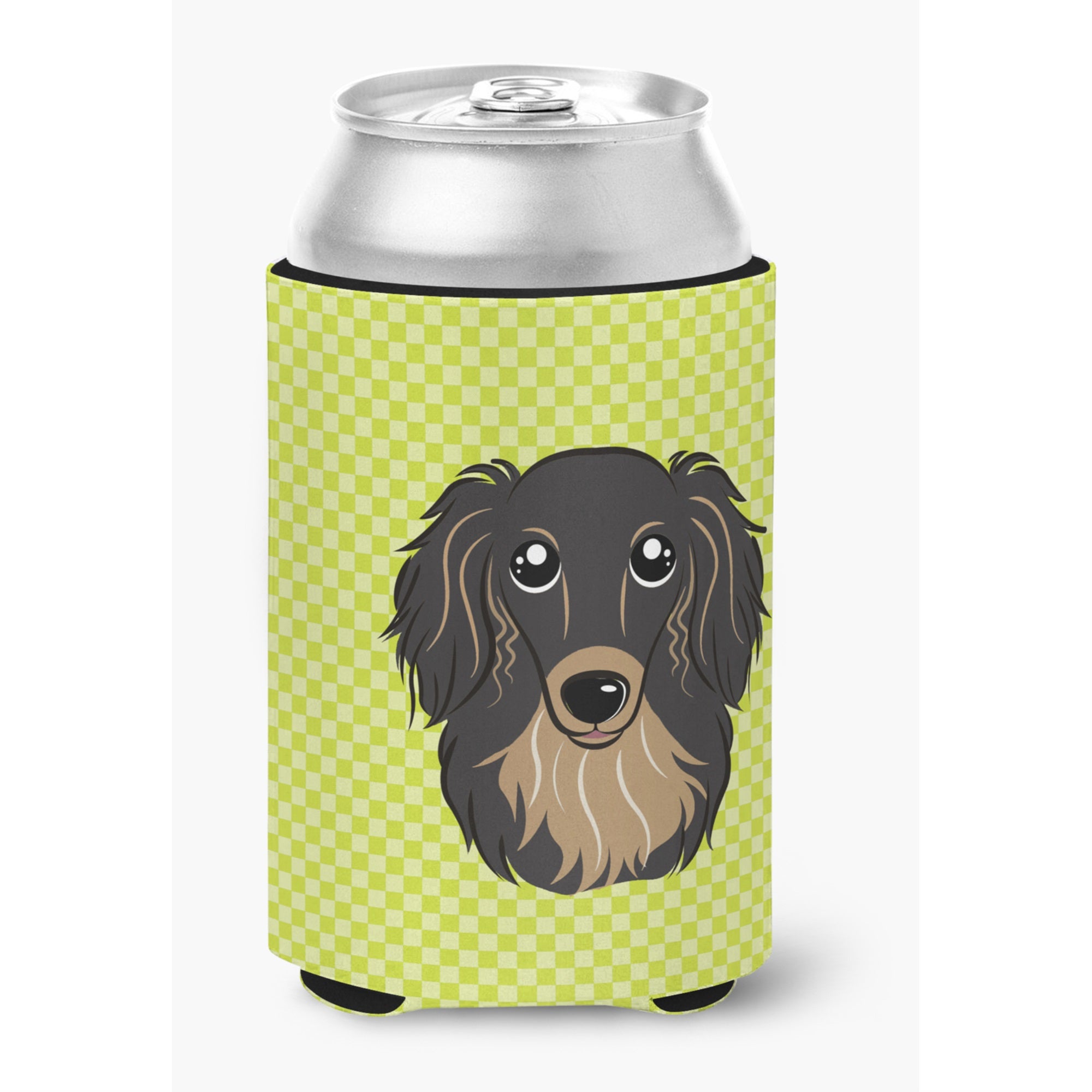 Checkerboard Lime Green Longhair Black And Tan Dachshund Can Or Bottle Hugger