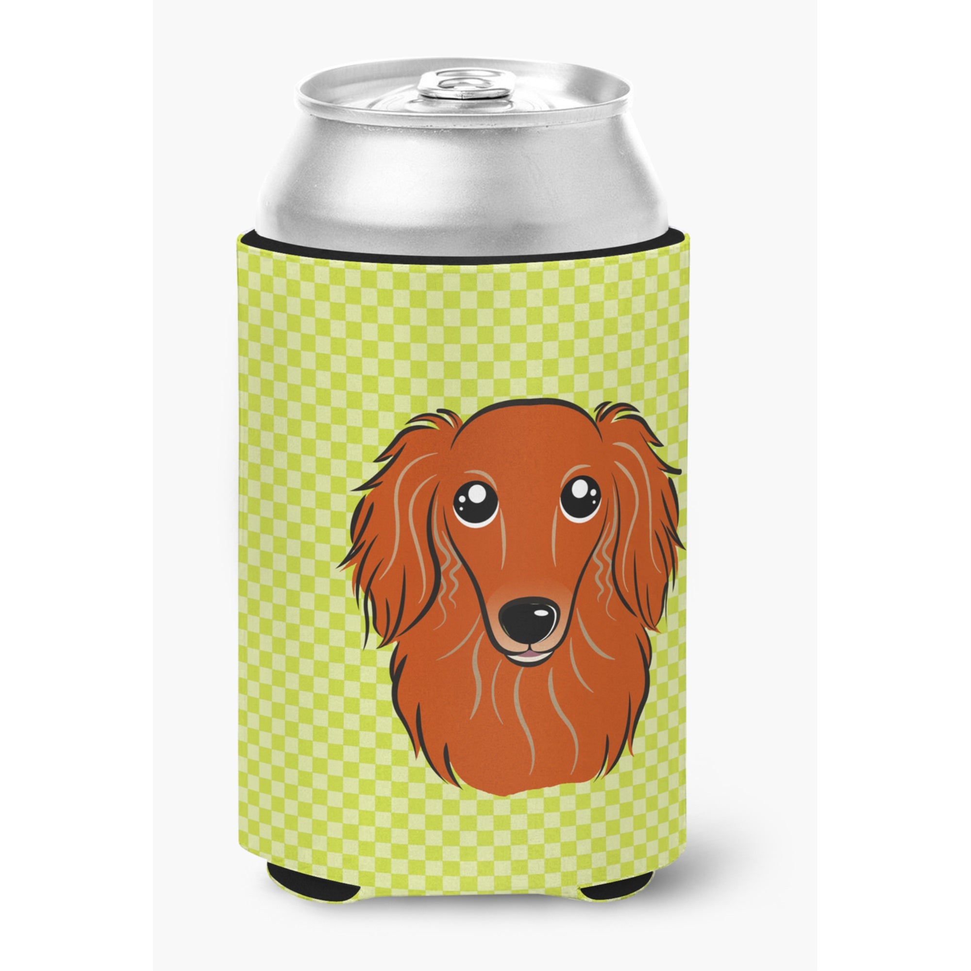 Checkerboard Lime Green Longhair Red Dachshund Can Or Bottle Hugger