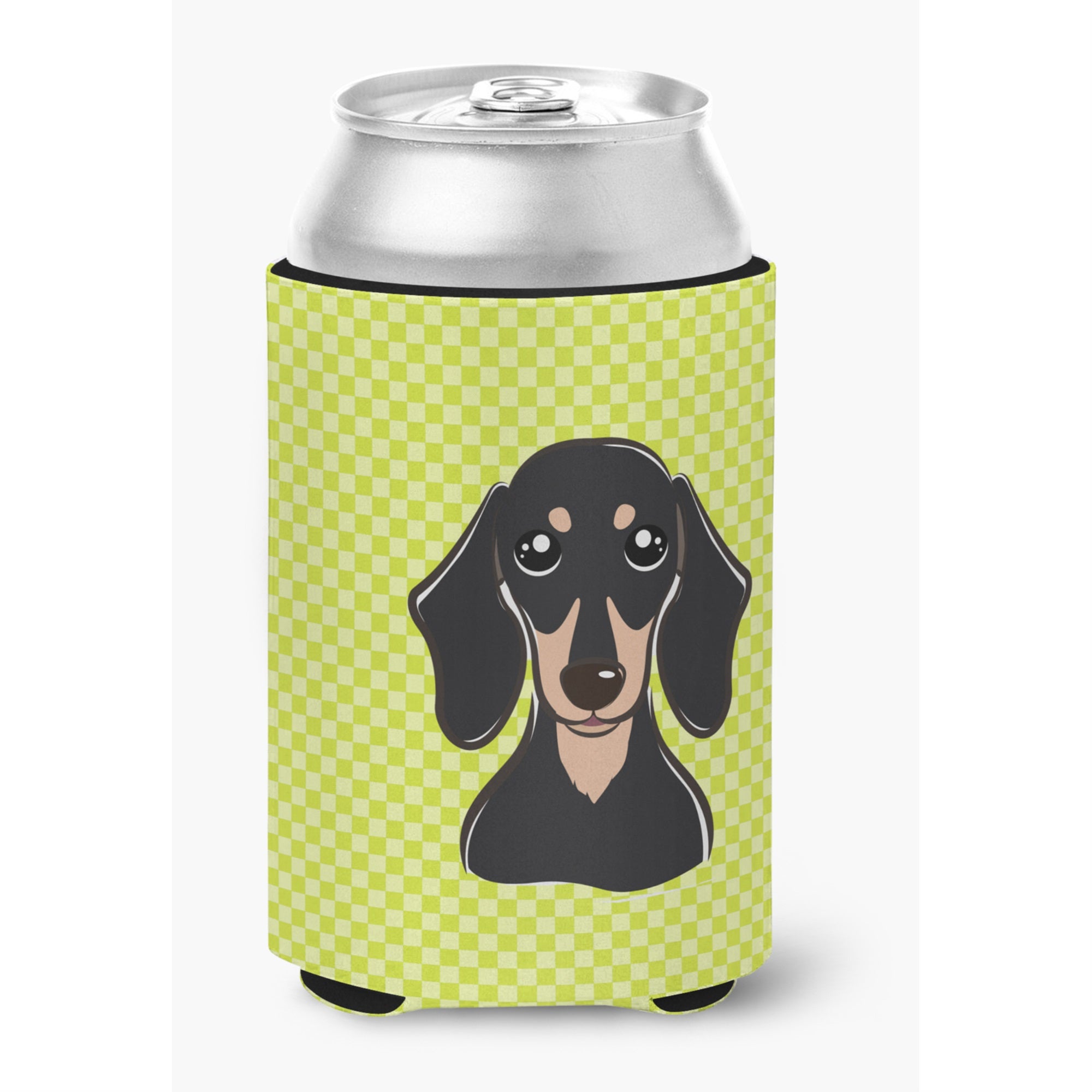 Checkerboard Lime Green Smooth Black And Tan Dachshund Can Or Bottle Hugger