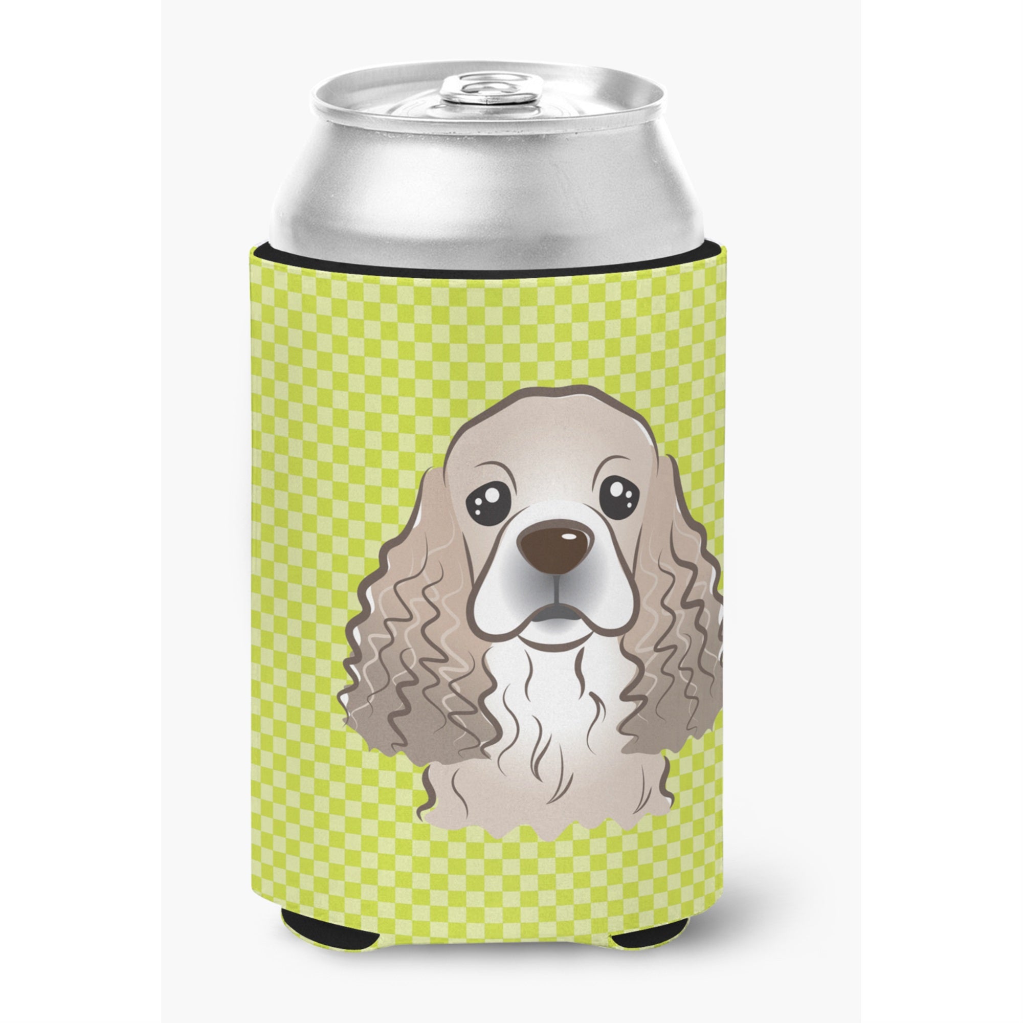 Checkerboard Lime Green Cocker Spaniel Can Or Bottle Hugger