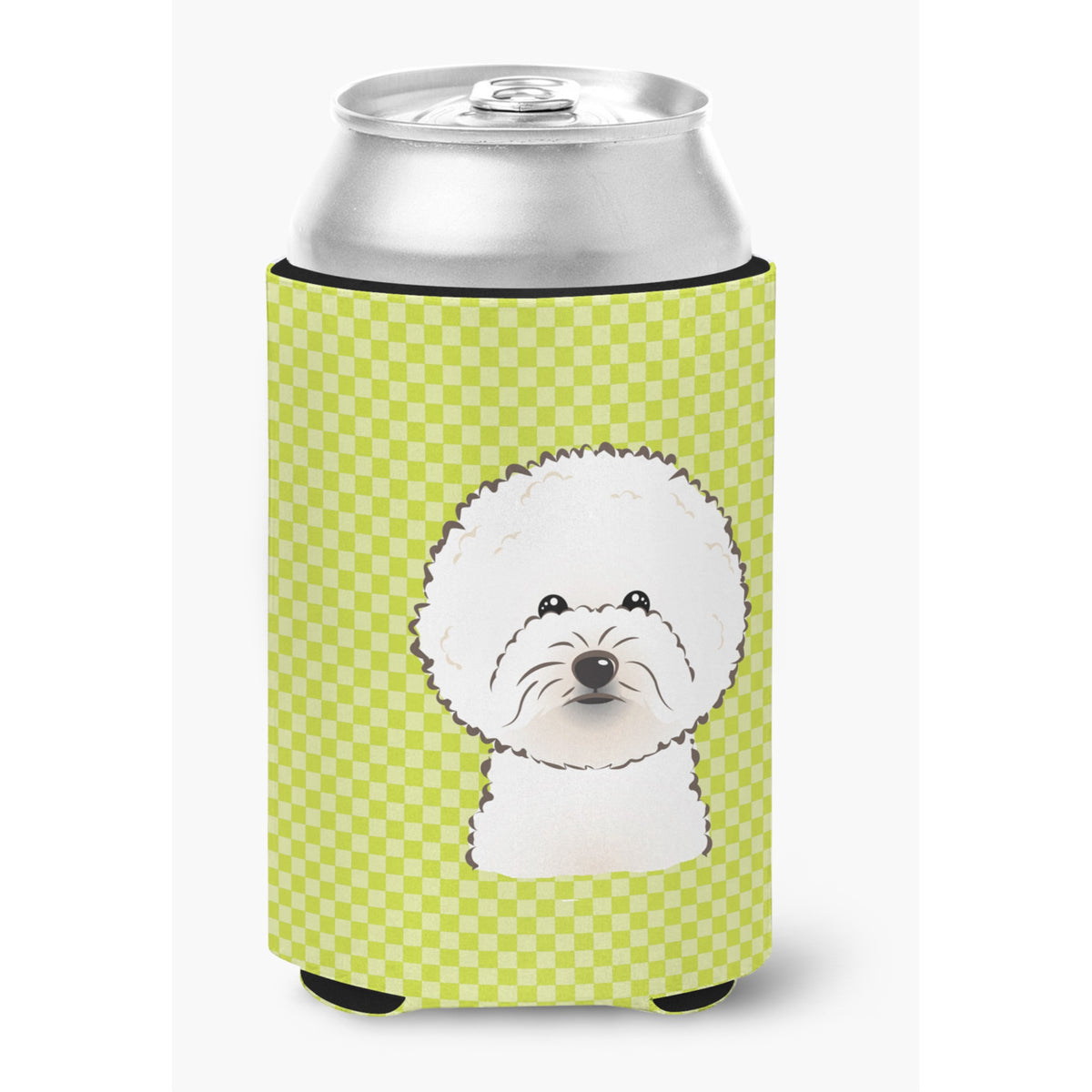 Checkerboard Lime Green Bichon Frise Can Or Bottle Hugger