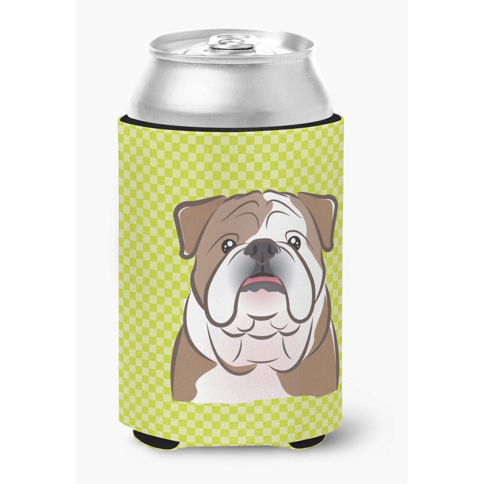 Checkerboard Lime Green English Bulldog  Can Or Bottle Hugger