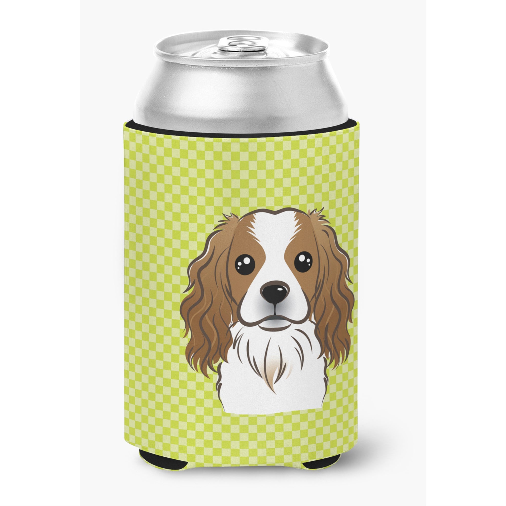 Checkerboard Lime Green Cavalier Spaniel Can Or Bottle Hugger