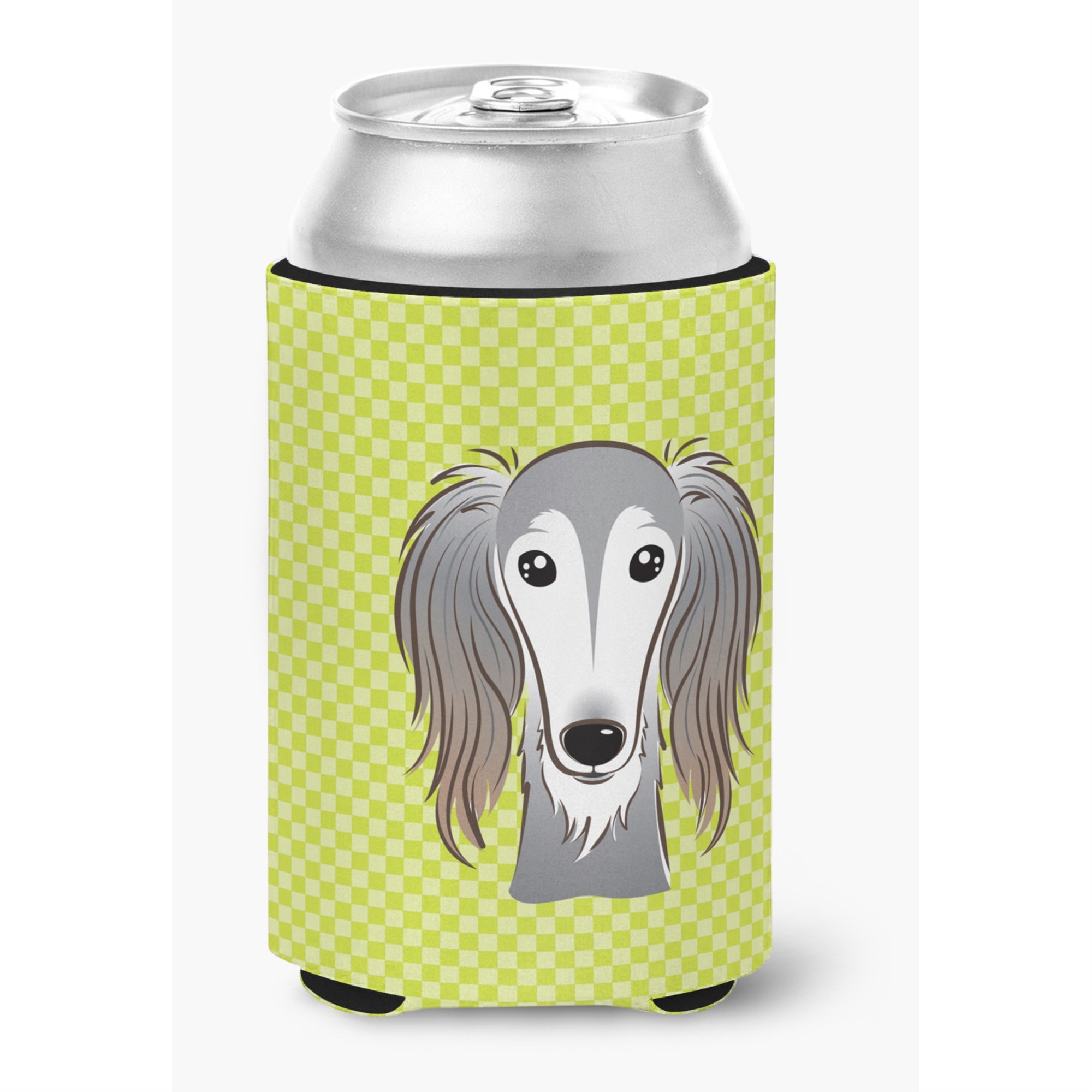 Checkerboard Lime Green Saluki Can Or Bottle Hugger