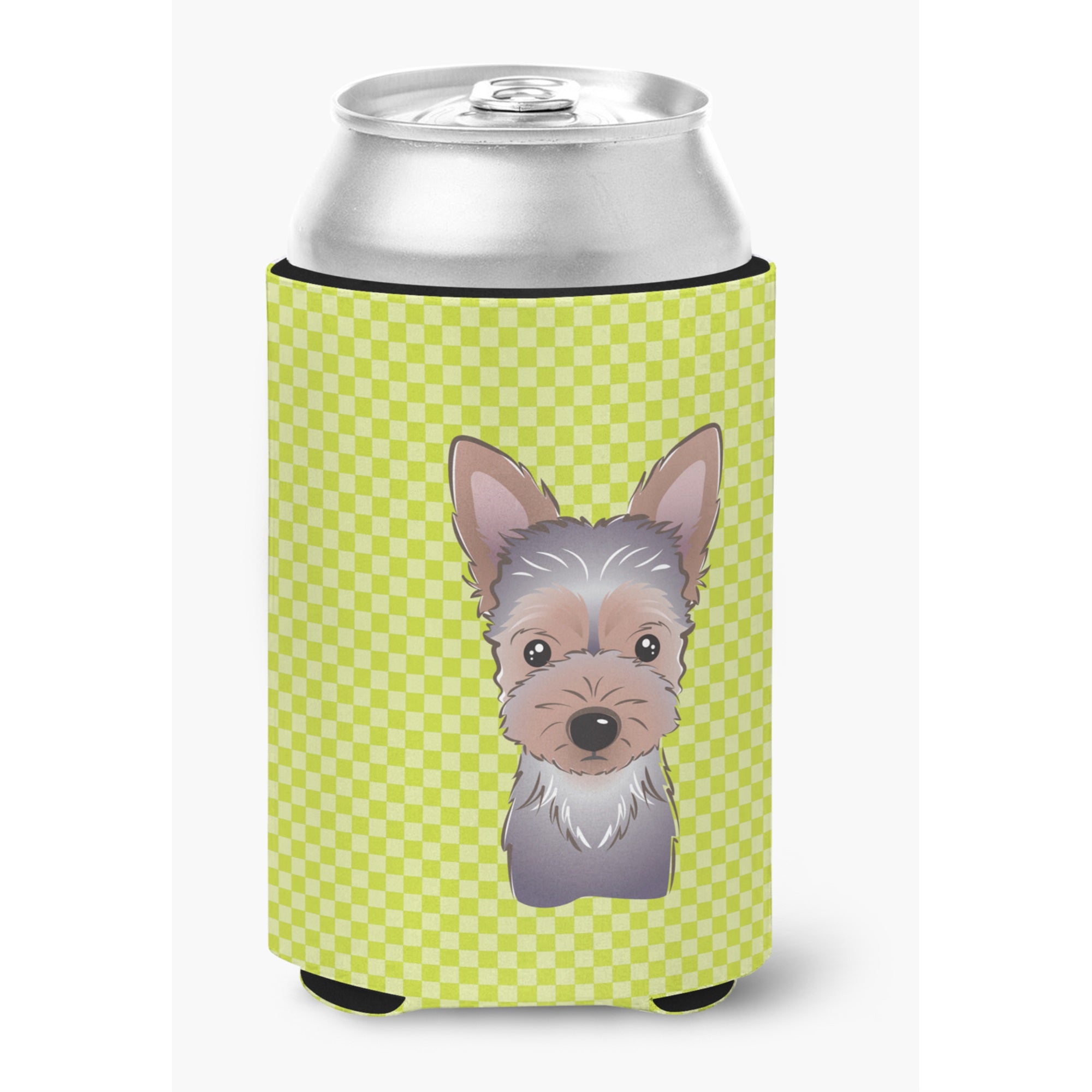 Checkerboard Lime Green Yorkie Puppy Can Or Bottle Hugger