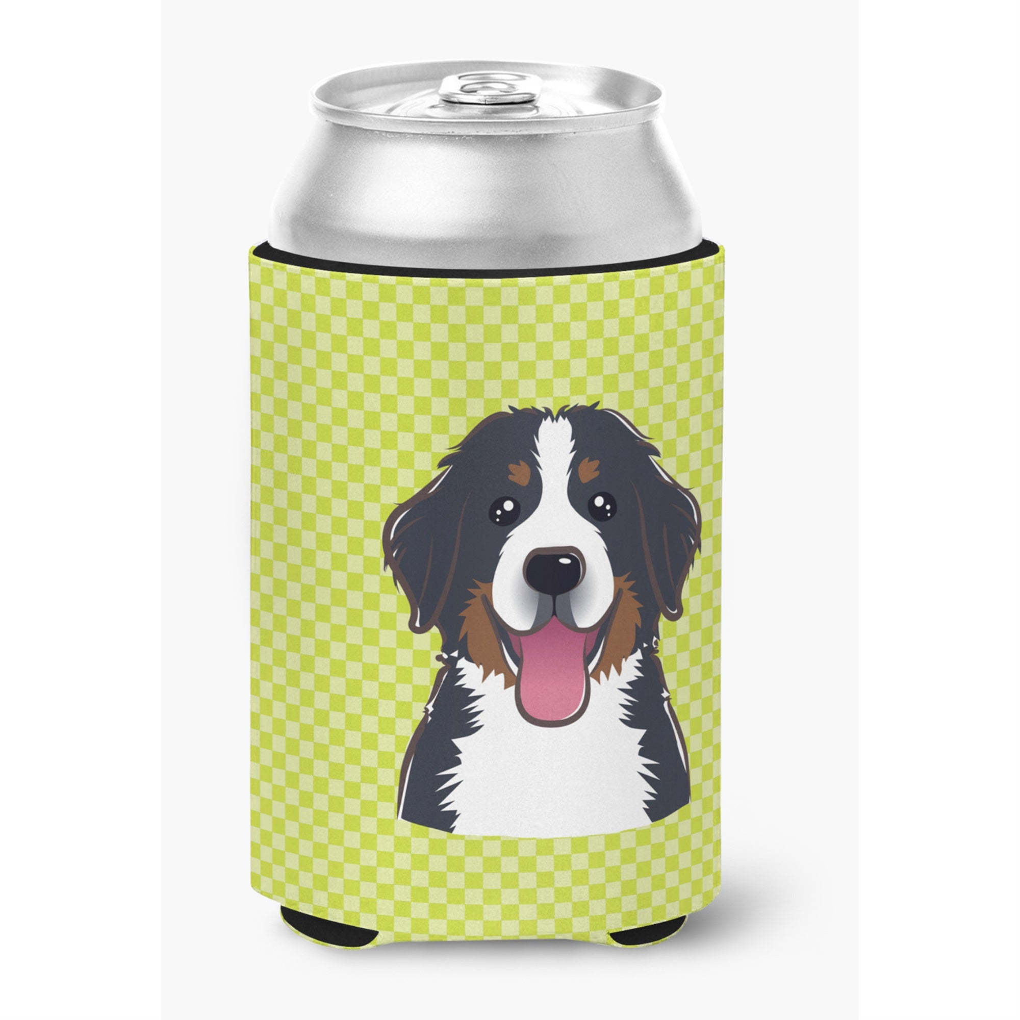 Checkerboard Lime Green Bernese Mountain Dog Can Or Bottle Hugger