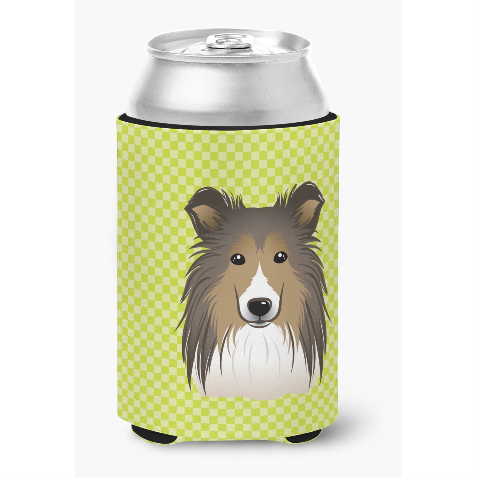 Checkerboard Lime Green Sheltie Can Or Bottle Hugger