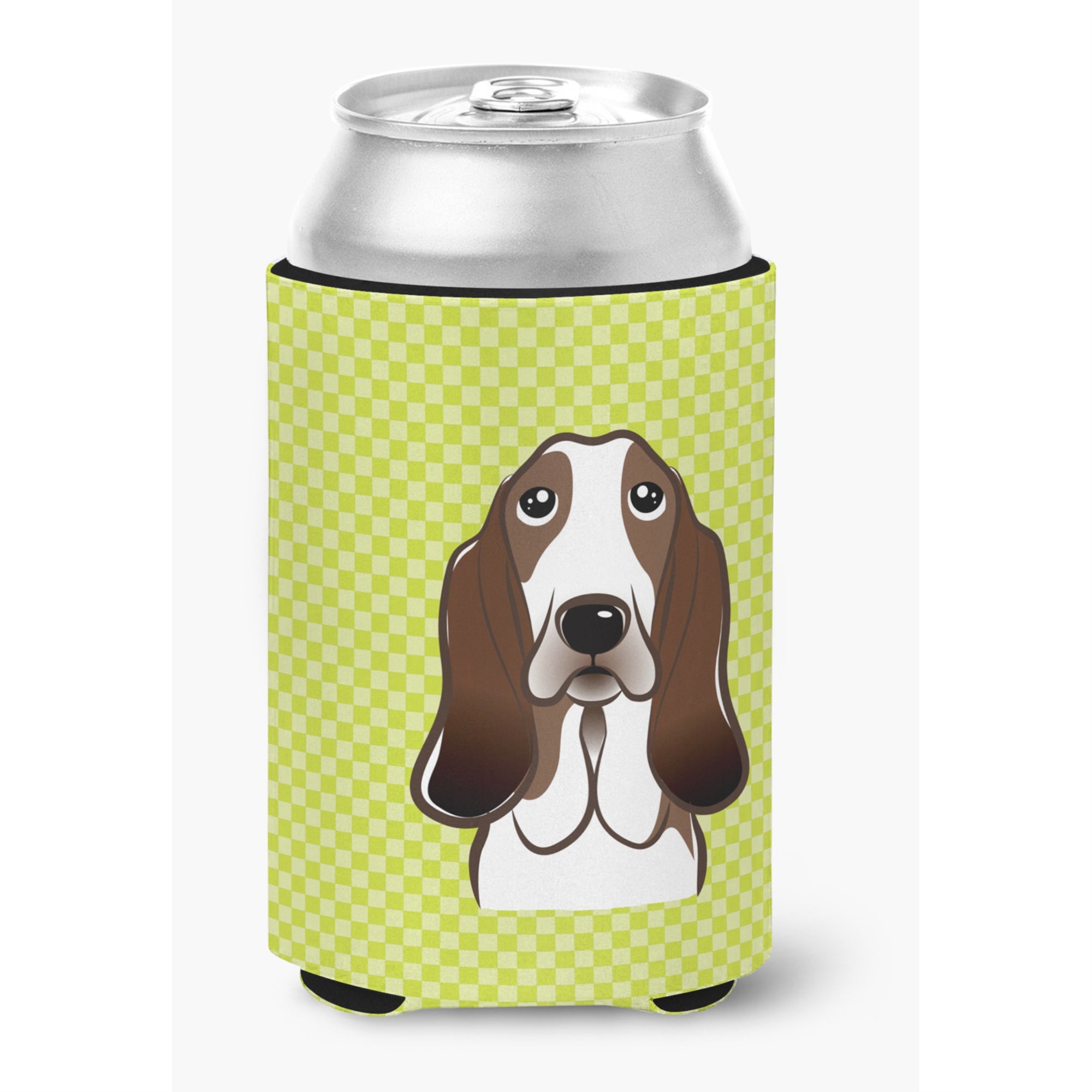 Checkerboard Lime Green Basset Hound Can Or Bottle Hugger
