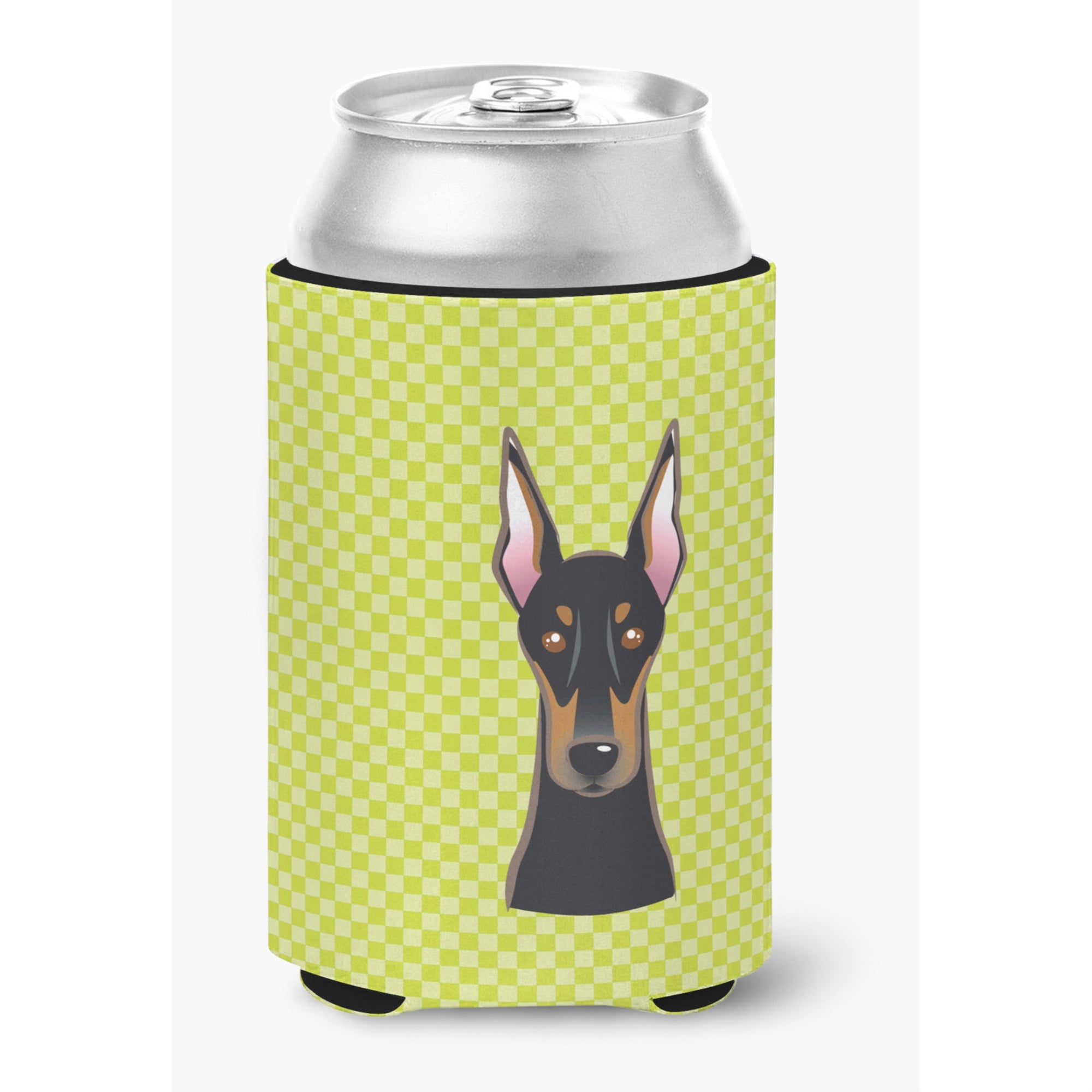 Checkerboard Lime Green Doberman Can Or Bottle Hugger