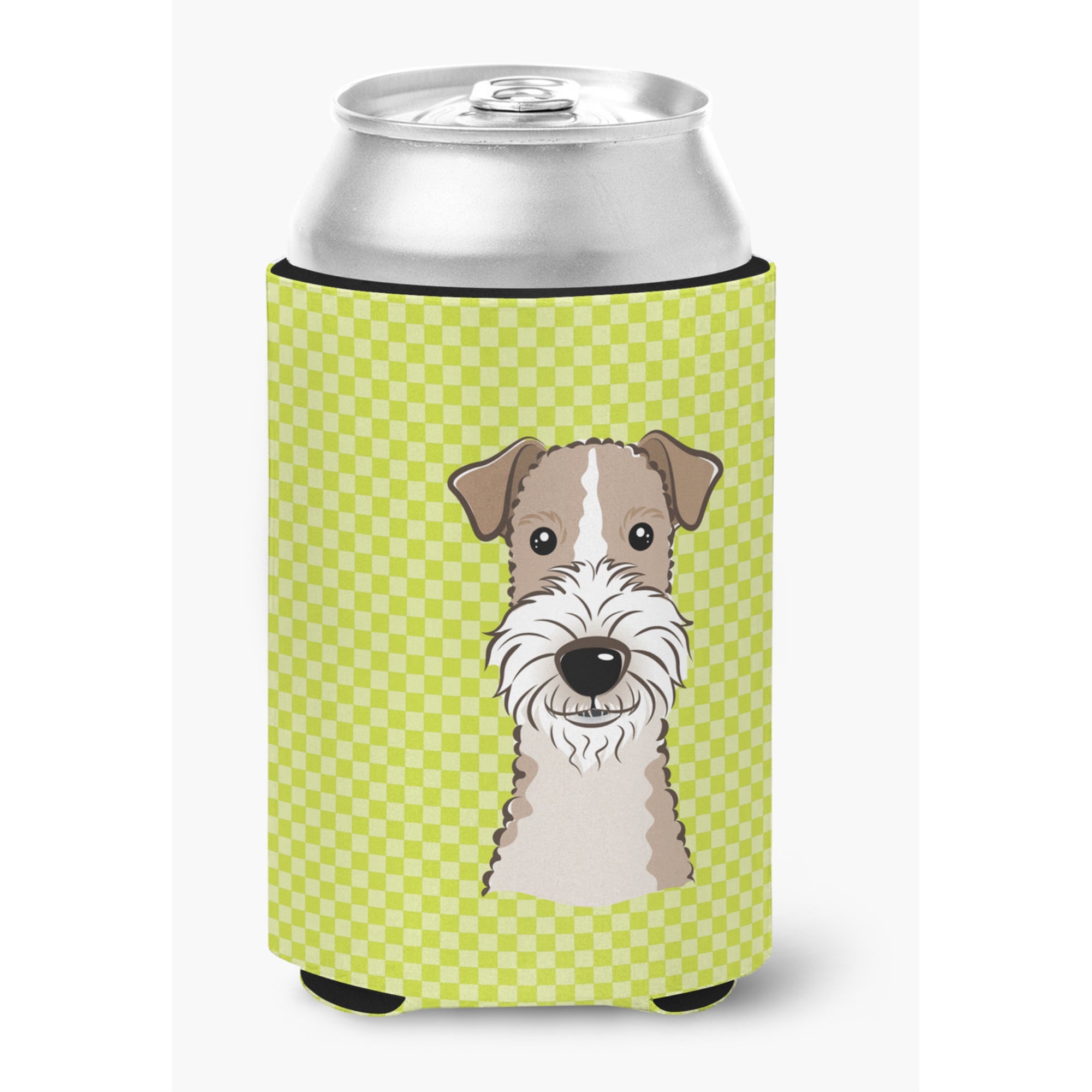 Checkerboard Lime Green Wire Haired Fox Terrier Can Or Bottle Hugger