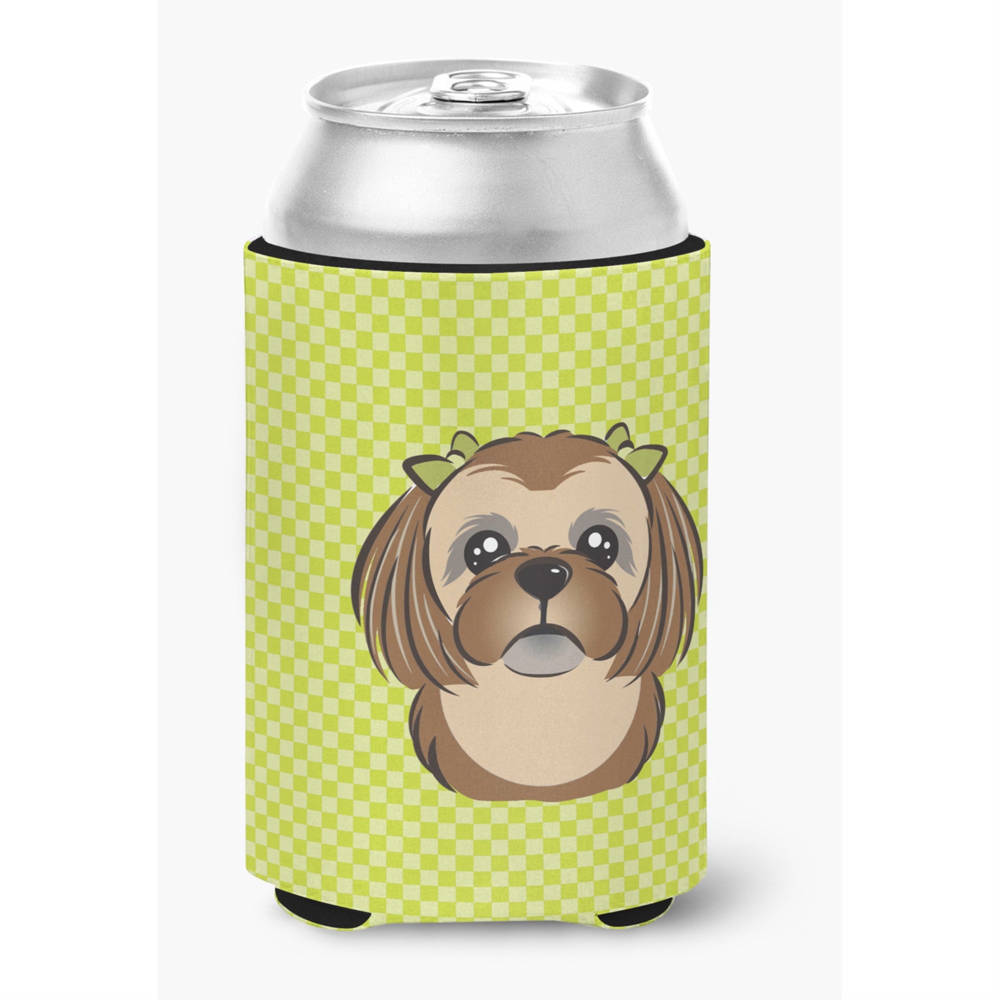 Checkerboard Lime Green Chocolate Brown Shih Tzu Can Or Bottle Hugger