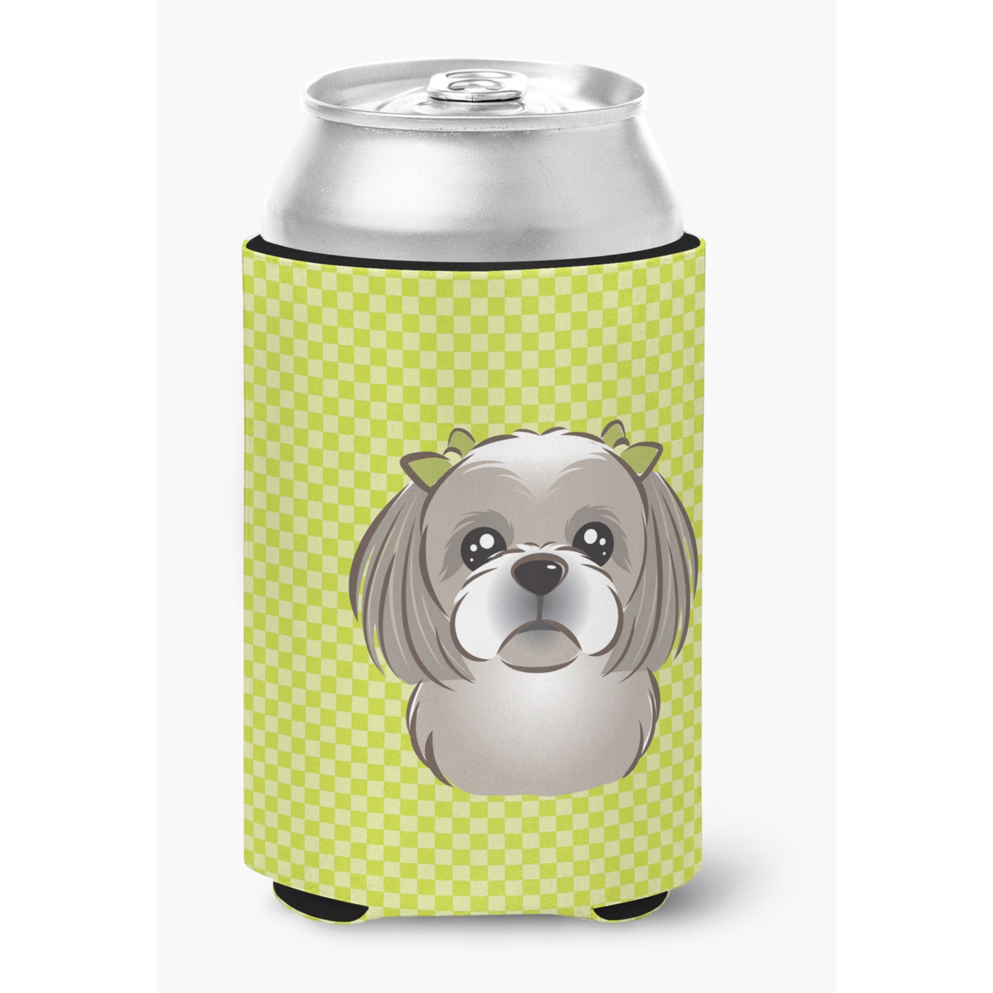 Checkerboard Lime Green Gray Silver Shih Tzu Can Or Bottle Hugger