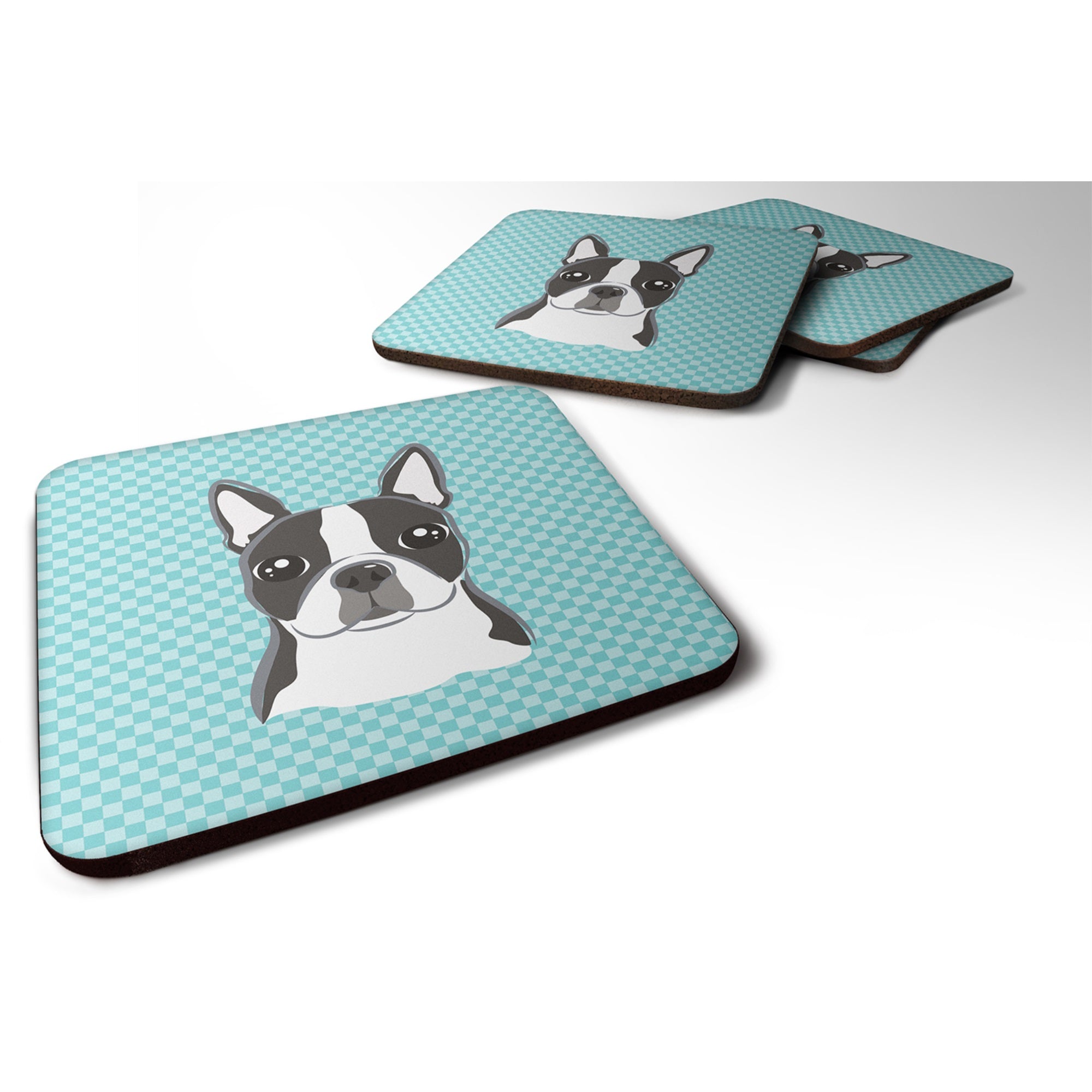 Checkerboard Blue Boston Terrier Foam Coaster Set Of 4