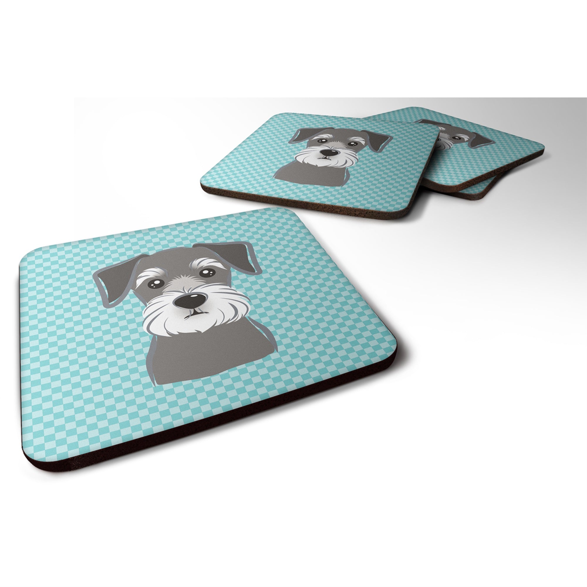 Checkerboard Blue Schnauzer Foam Coaster Set Of 4
