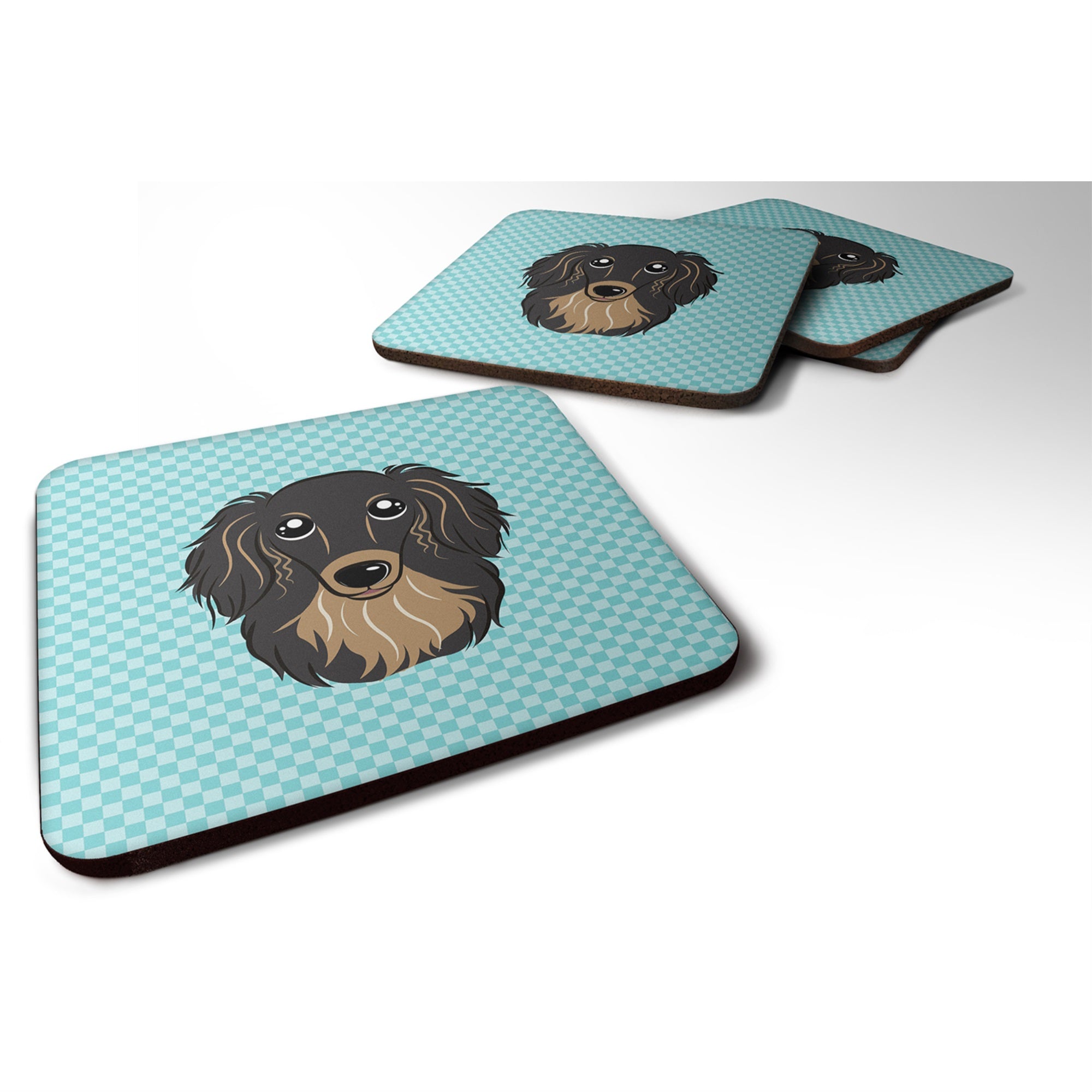 Checkerboard Blue Longhair Black And Tan Dachshund Foam Coaster Set Of 4