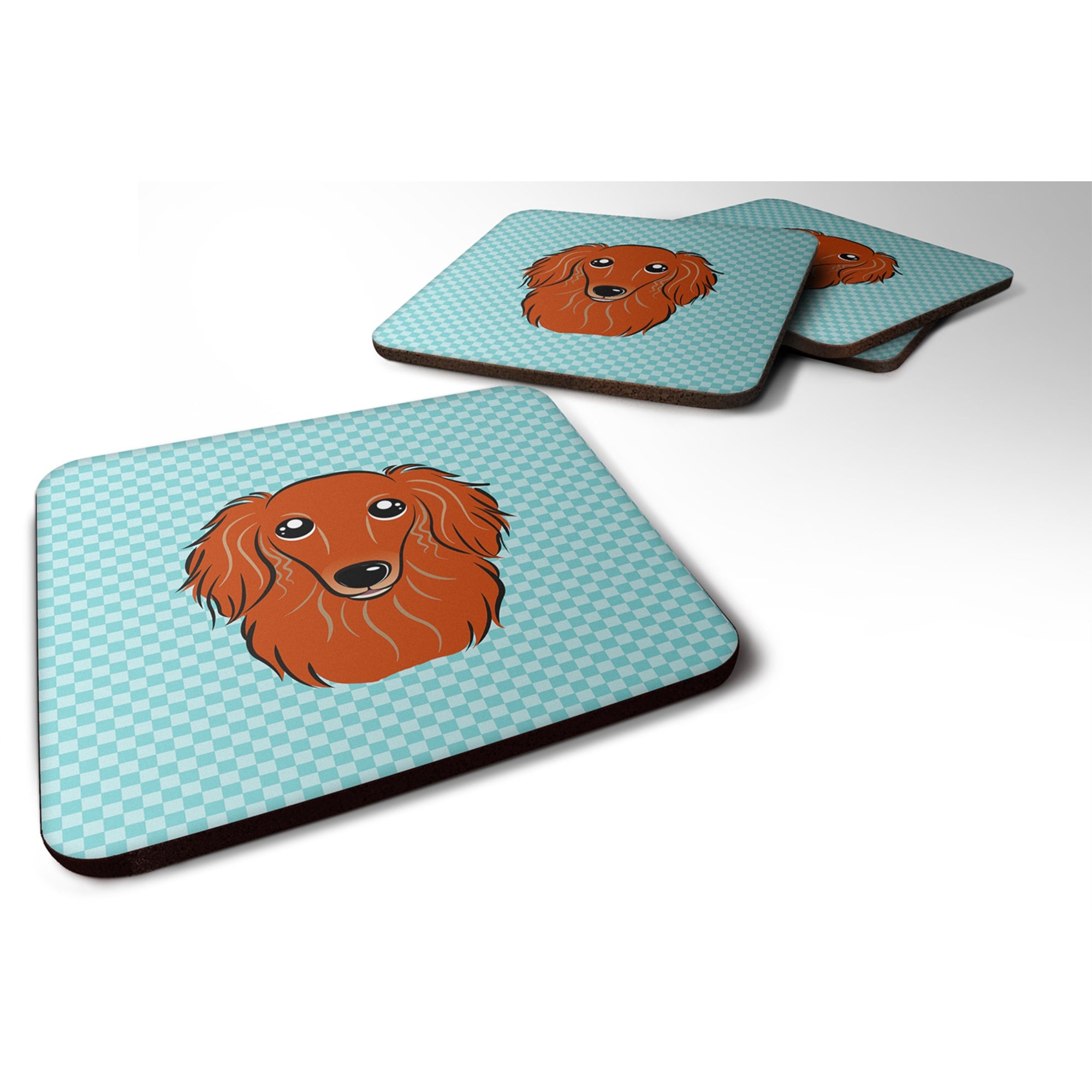 Checkerboard Blue Longhair Red Dachshund Foam Coaster Set Of 4